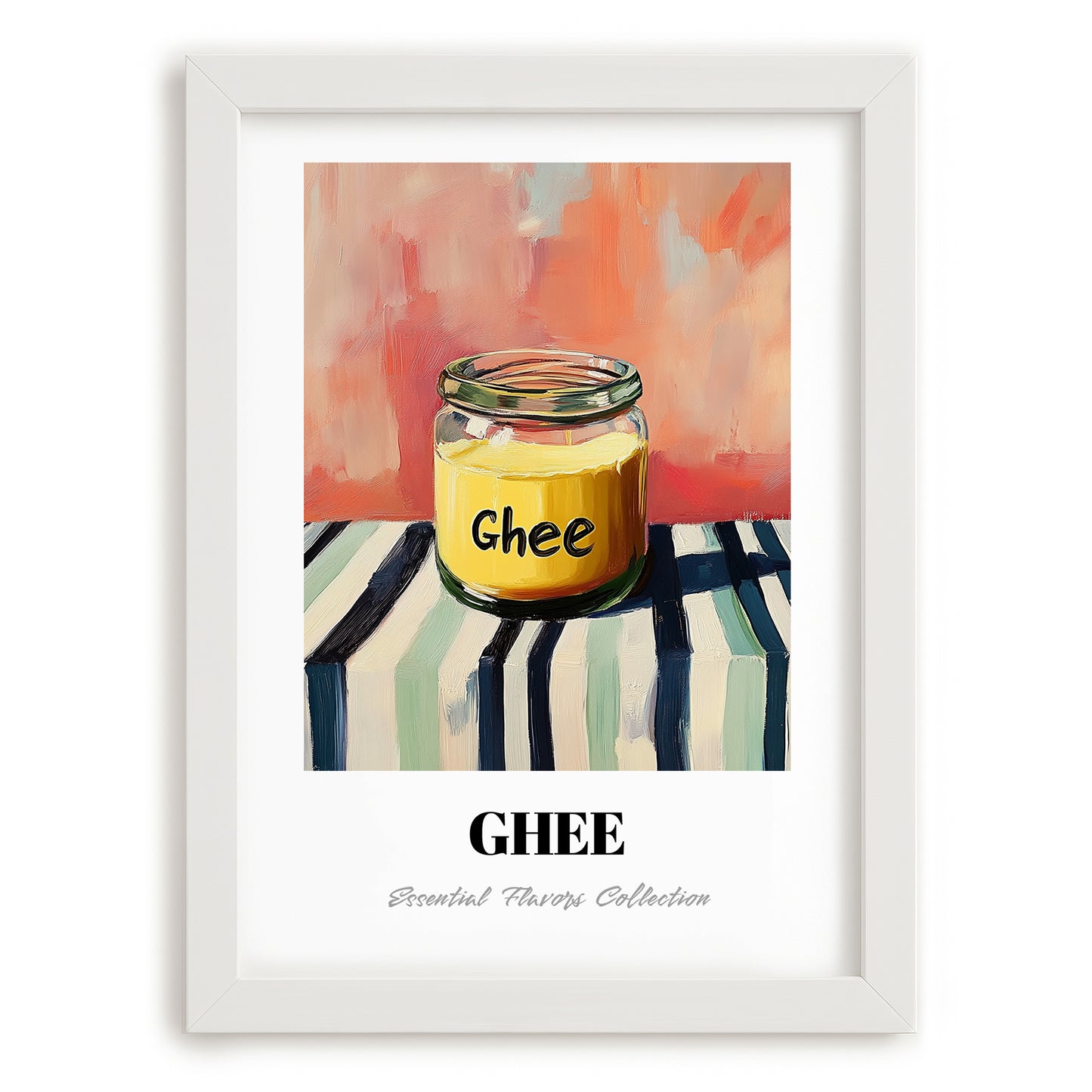 Ghee – on Striped Tablecloth, Ingredients Corner Wall Decor, placed in minimal white frame