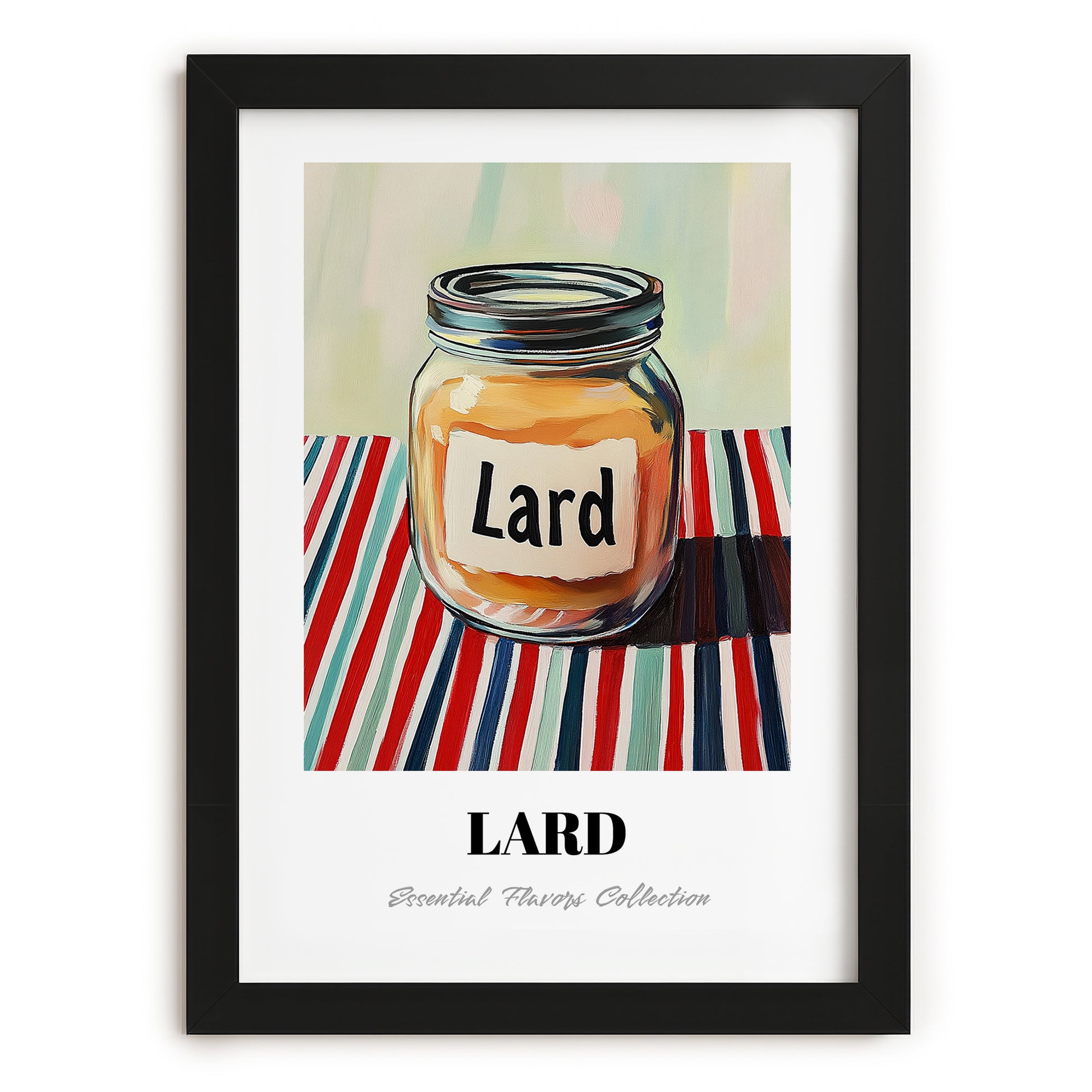 Lard – on Striped Tablecloth, Pantry Art, in sleek black frame