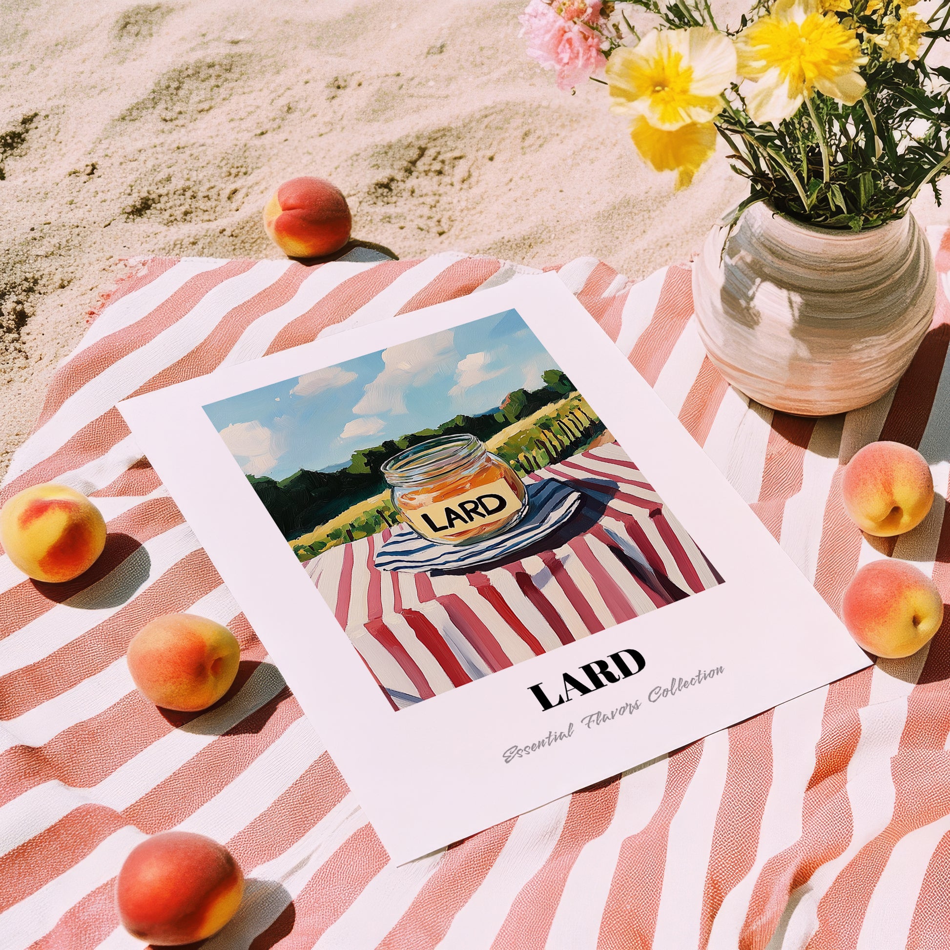 Lard – Italian Hilltop Table Scene, Pantry Wall Decor, unframed on coastal sand