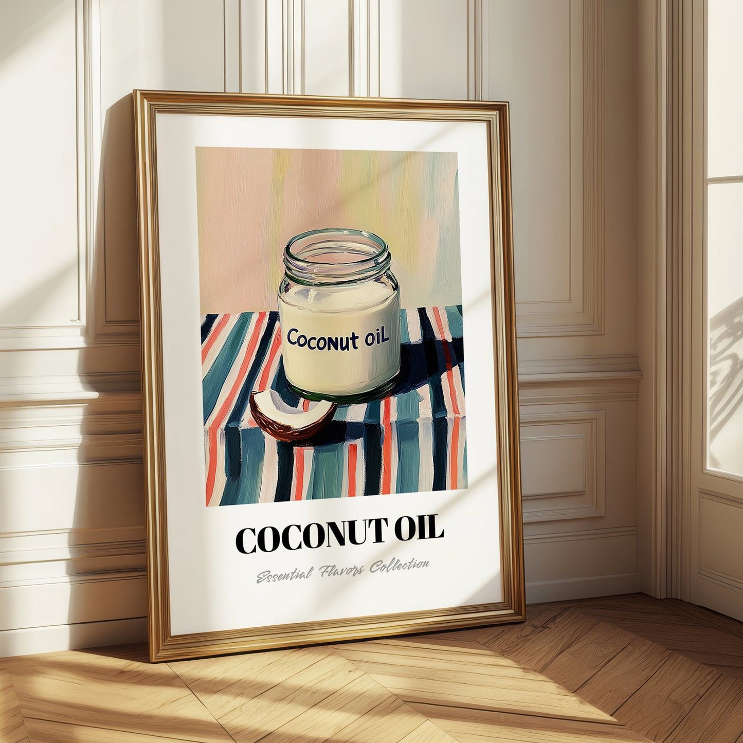 Coconut Oil – on Striped Tablecloth, Shelf Stock Wall Decor