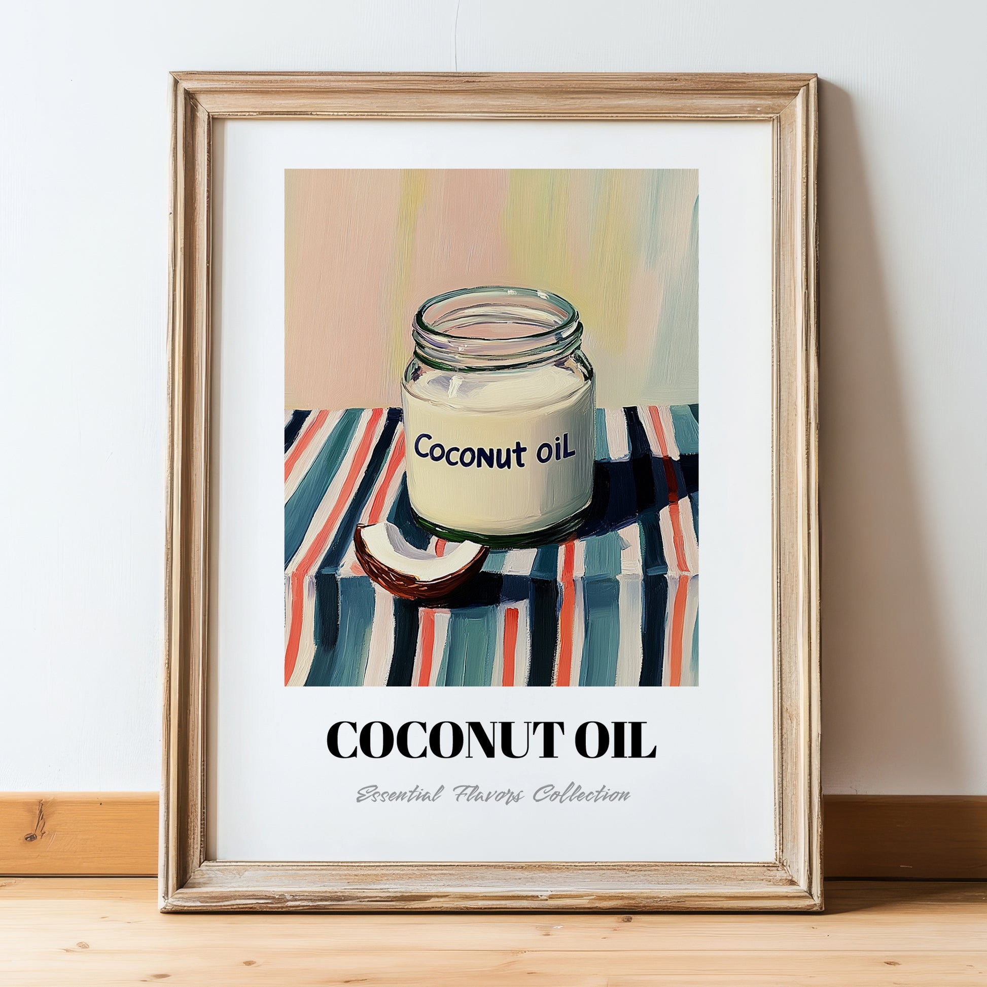 Coconut Oil – on Striped Tablecloth, Shelf Stock Wall Decor, in wooden frame leaning on the floor