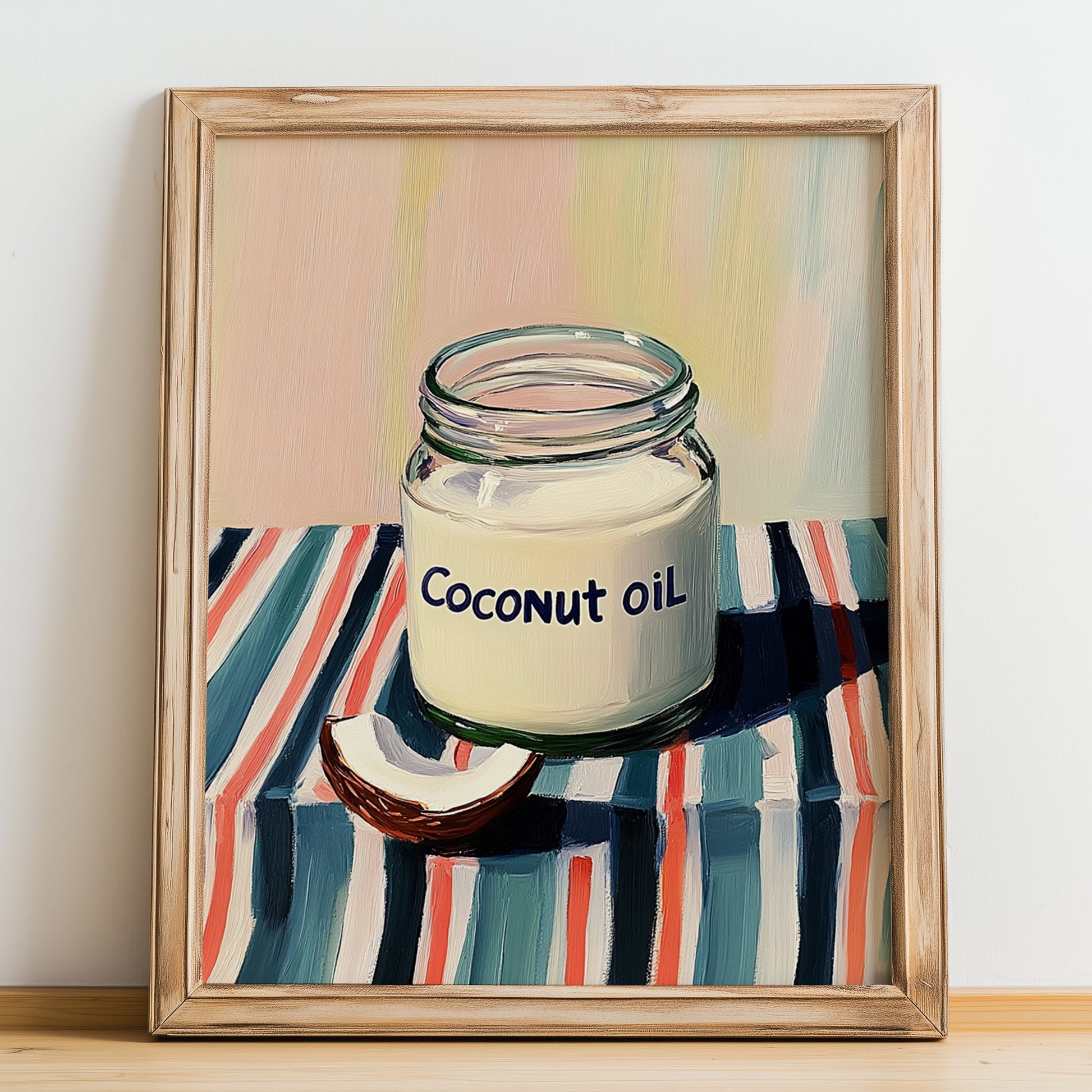 Coconut Oil – on Striped Tablecloth, Shelf Stock Wall Decor, no-text version framed in wood