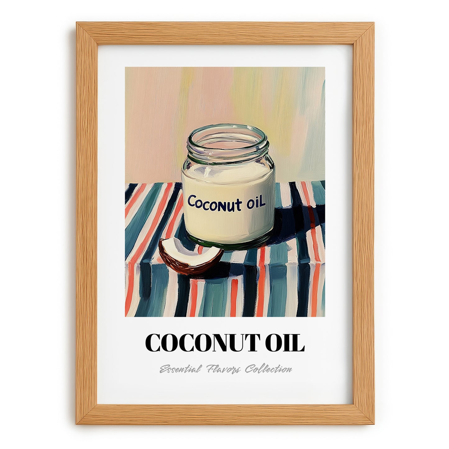 Coconut Oil – on Striped Tablecloth, Shelf Stock Wall Decor, set in oak frame