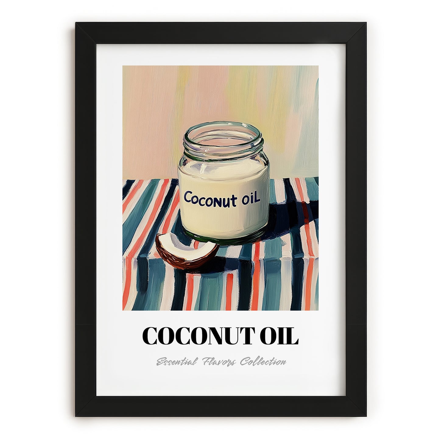 Coconut Oil – on Striped Tablecloth, Shelf Stock Wall Decor, in sleek black frame