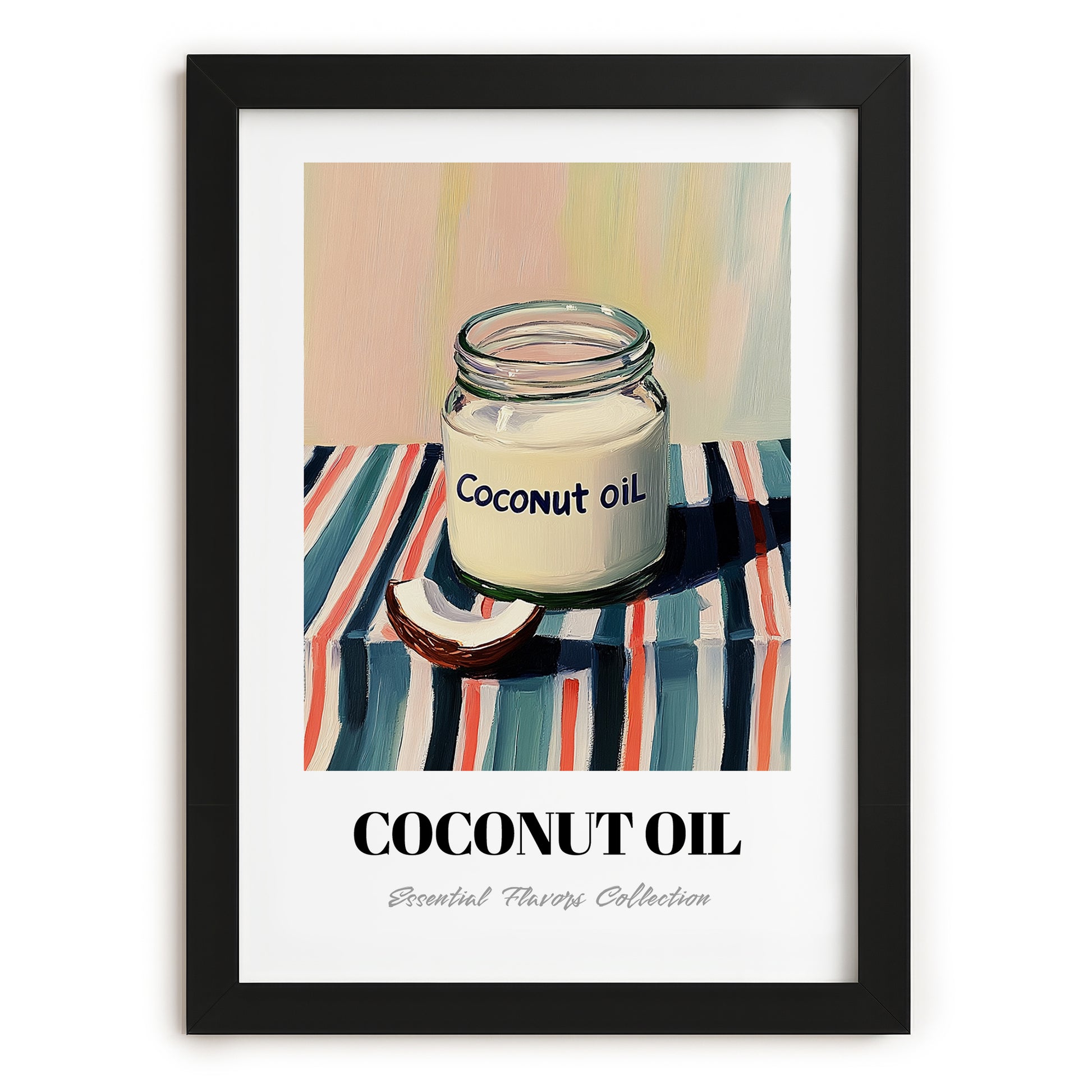 Coconut Oil – on Striped Tablecloth, Shelf Stock Wall Decor, in sleek black frame