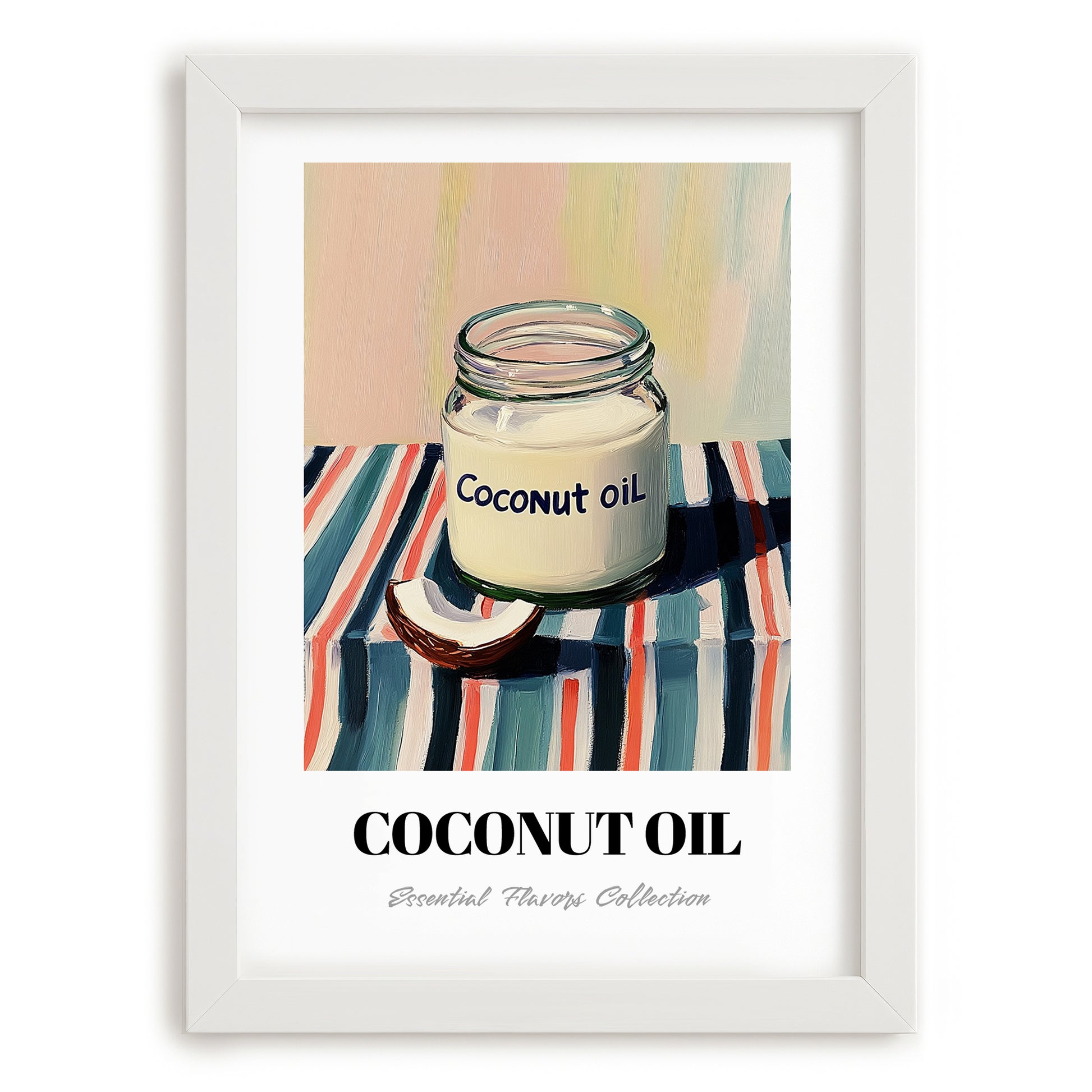 Coconut Oil – on Striped Tablecloth, Shelf Stock Wall Decor, placed in minimal white frame