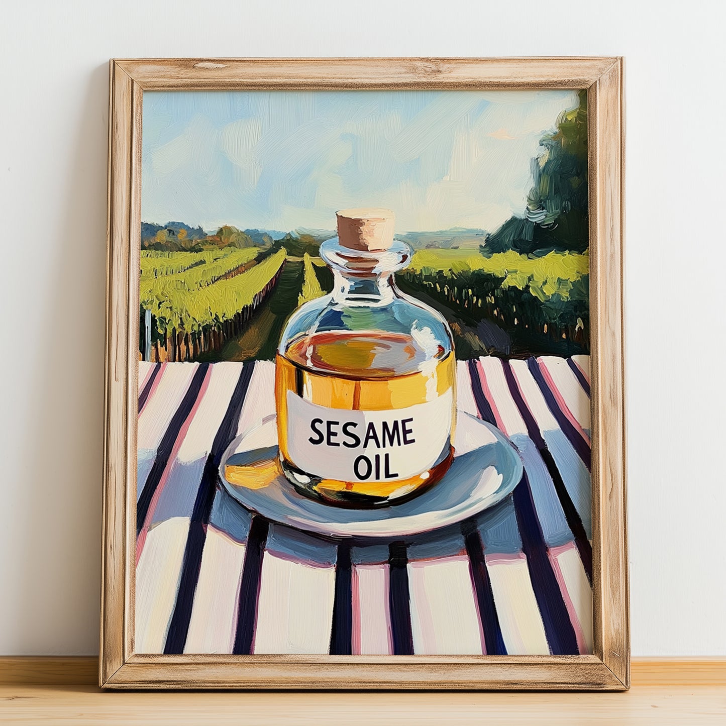 Sesame Oil – Italian Hillside Café View, Dry Goods Art, no-text version framed in wood