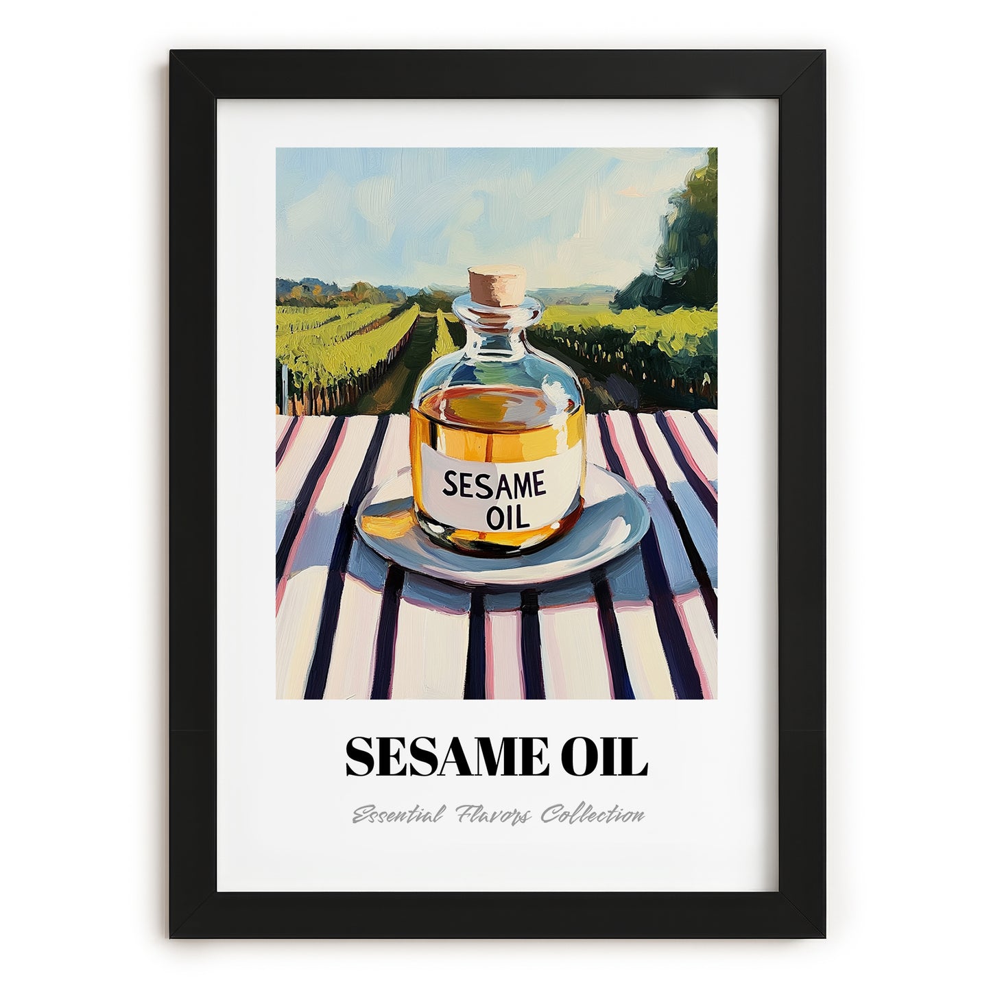 Sesame Oil – Italian Hillside Café View, Dry Goods Art, in sleek black frame