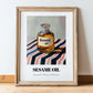 Sesame Oil – on Striped Tablecloth, Pantry Painting, in wooden frame leaning on the floor