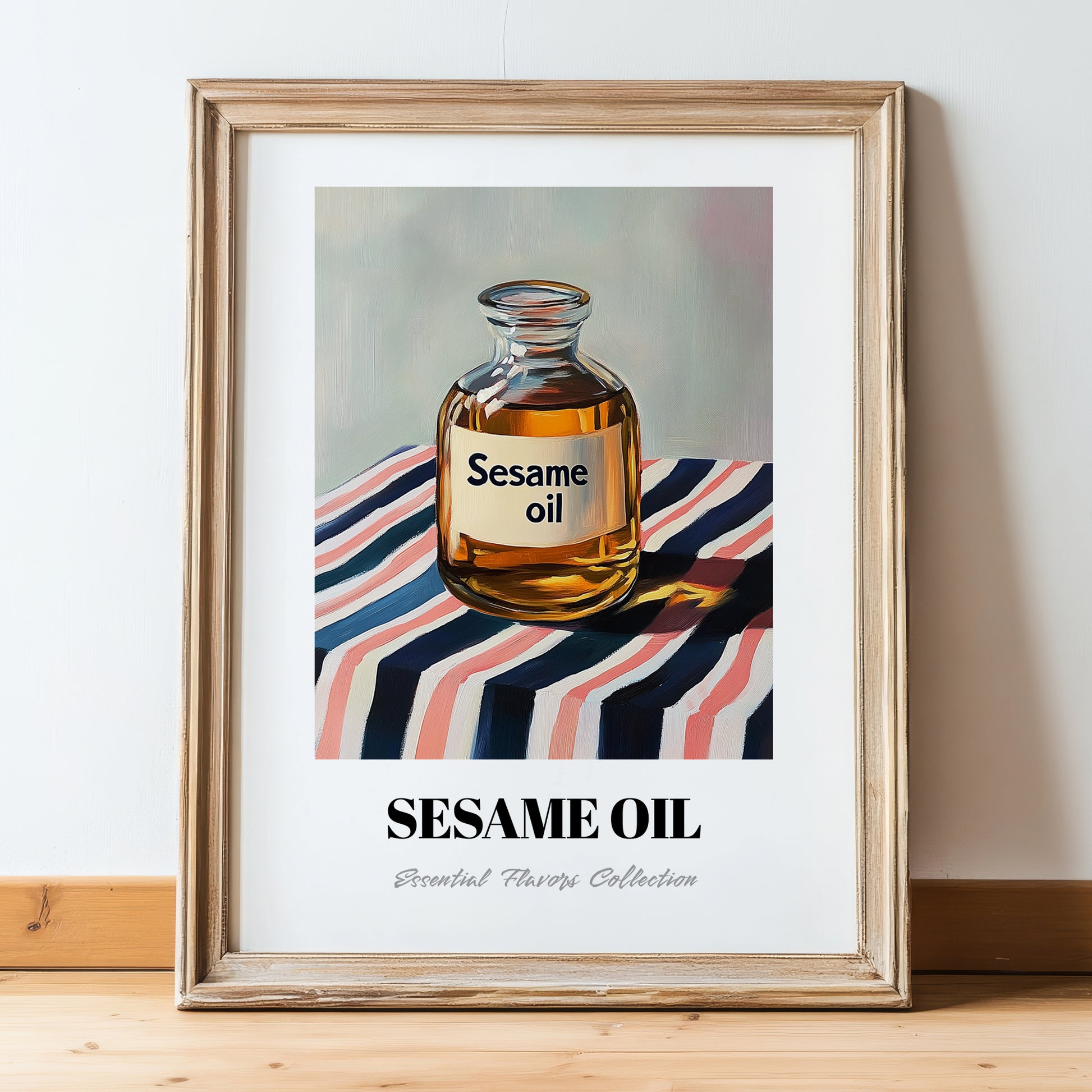 Sesame Oil – on Striped Tablecloth, Pantry Painting, in wooden frame leaning on the floor