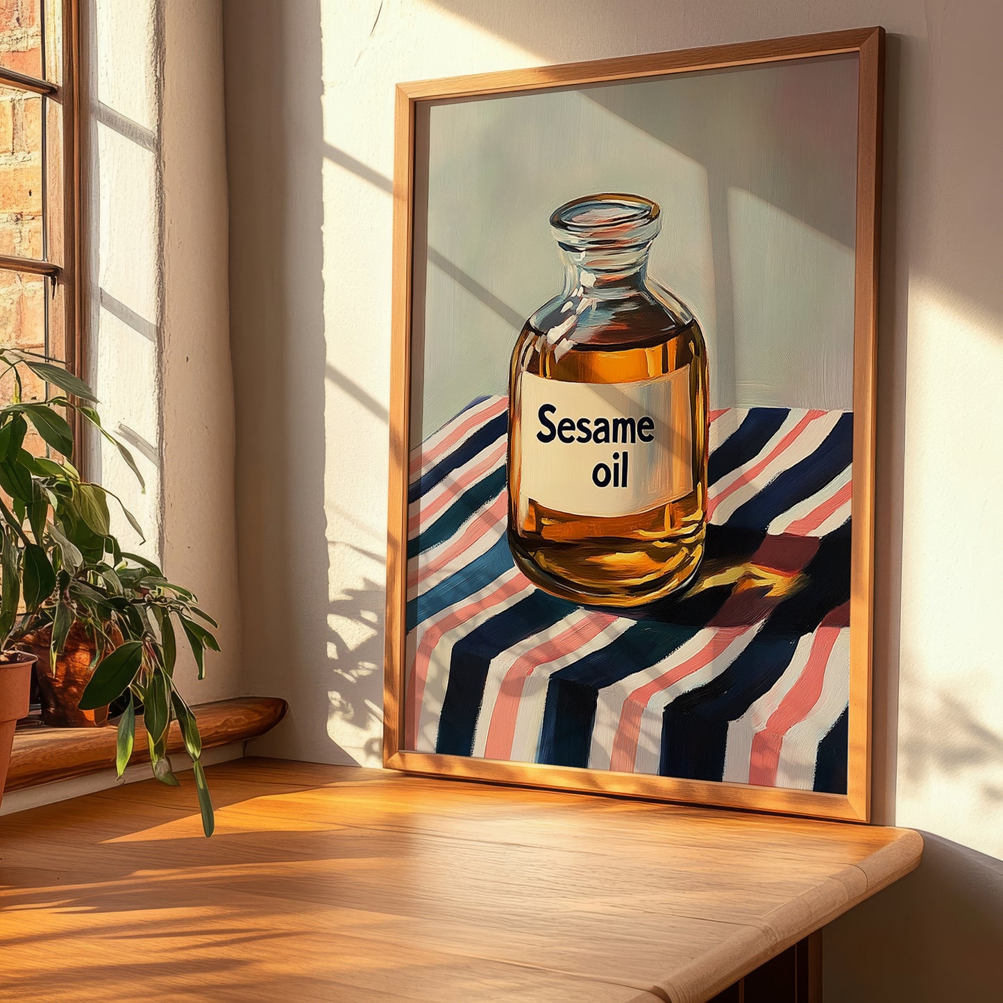 Sesame Oil – on Striped Tablecloth, Pantry Painting, clean layout with no caption