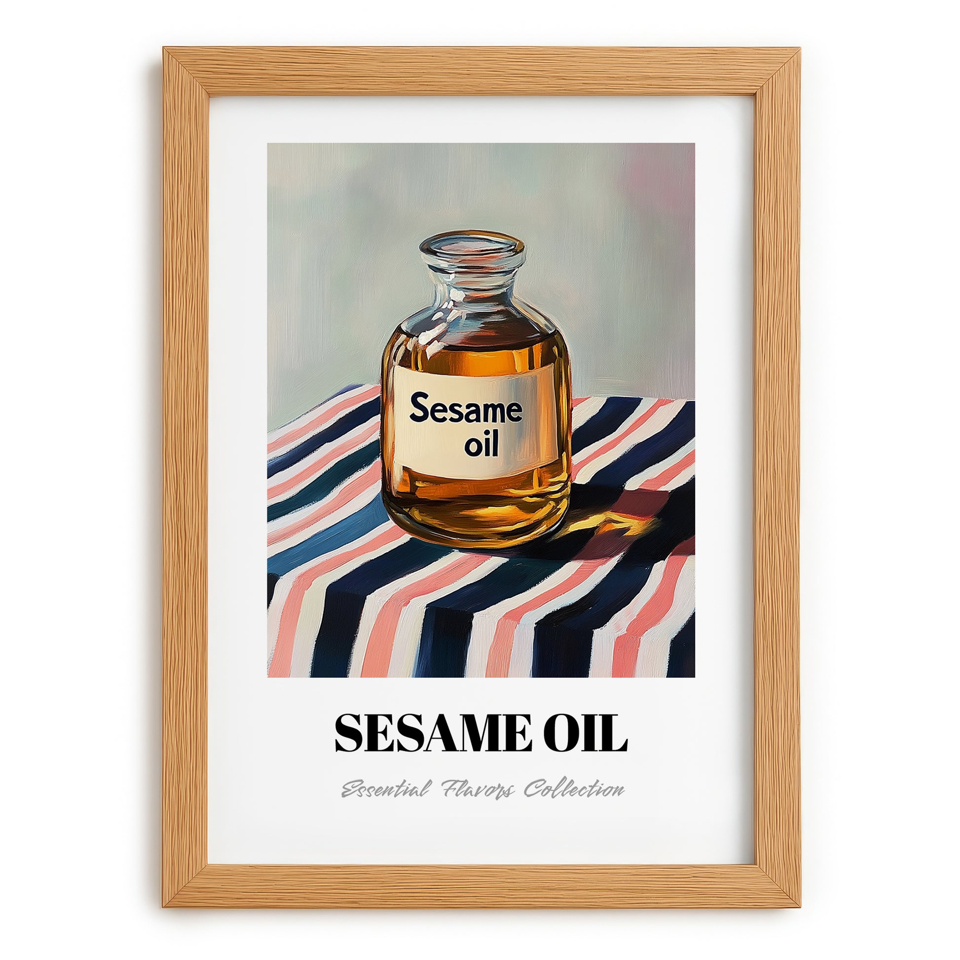 Sesame Oil – on Striped Tablecloth, Pantry Painting, set in oak frame