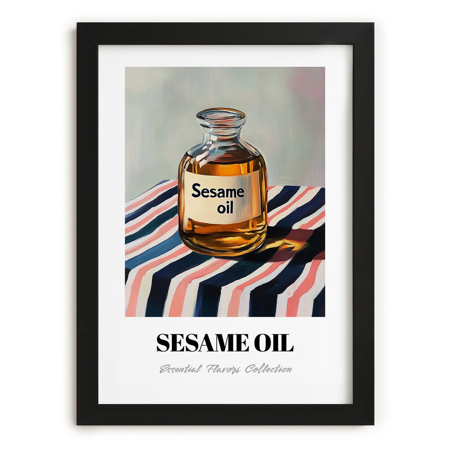 Sesame Oil – on Striped Tablecloth, Pantry Painting, in sleek black frame