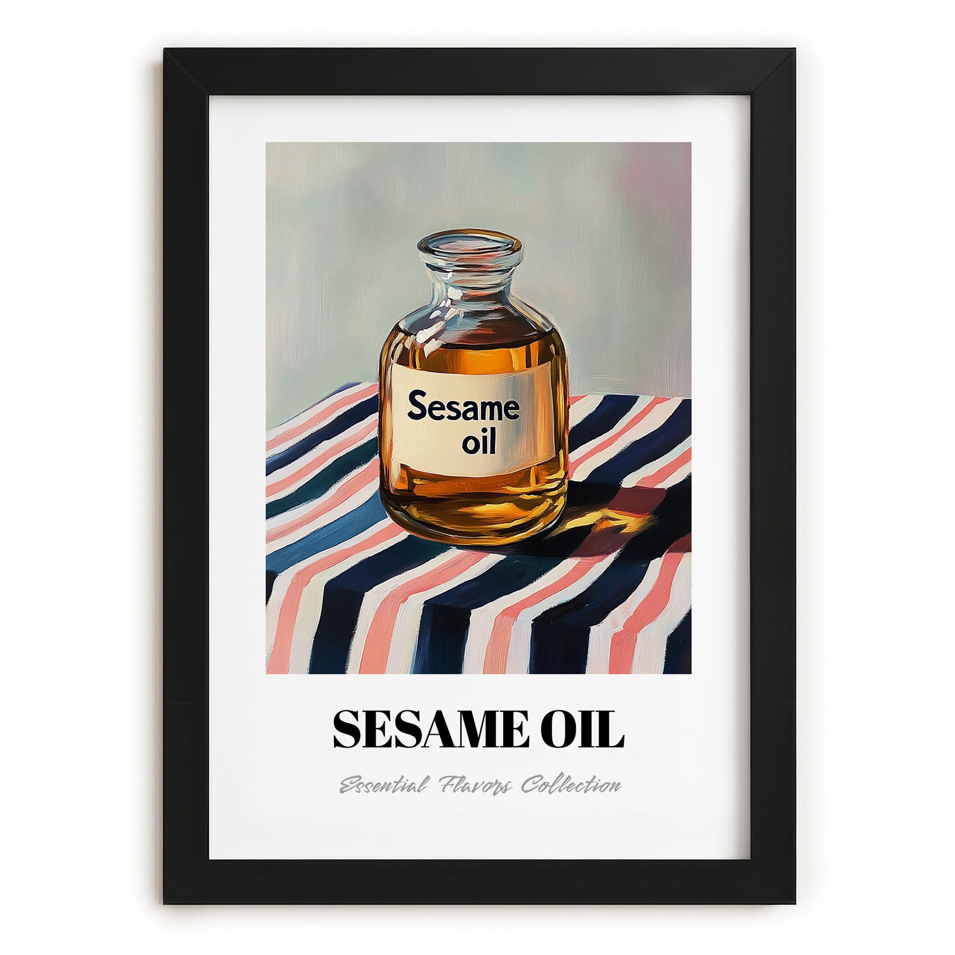 Sesame Oil – on Striped Tablecloth, Pantry Painting, in sleek black frame