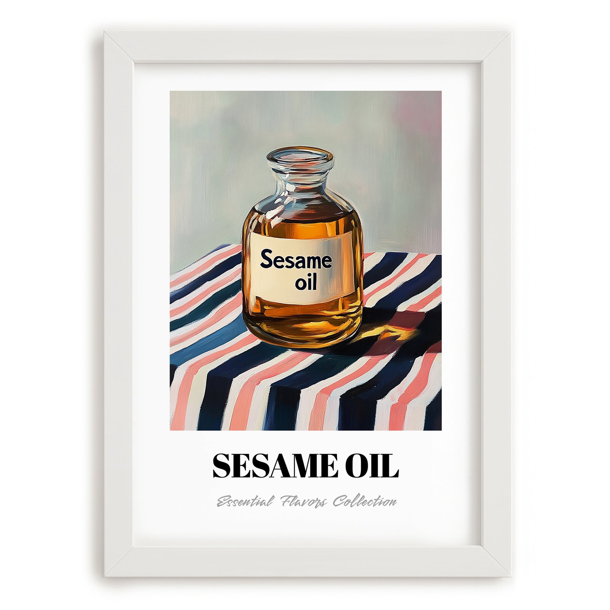 Sesame Oil – on Striped Tablecloth, Pantry Painting, placed in minimal white frame