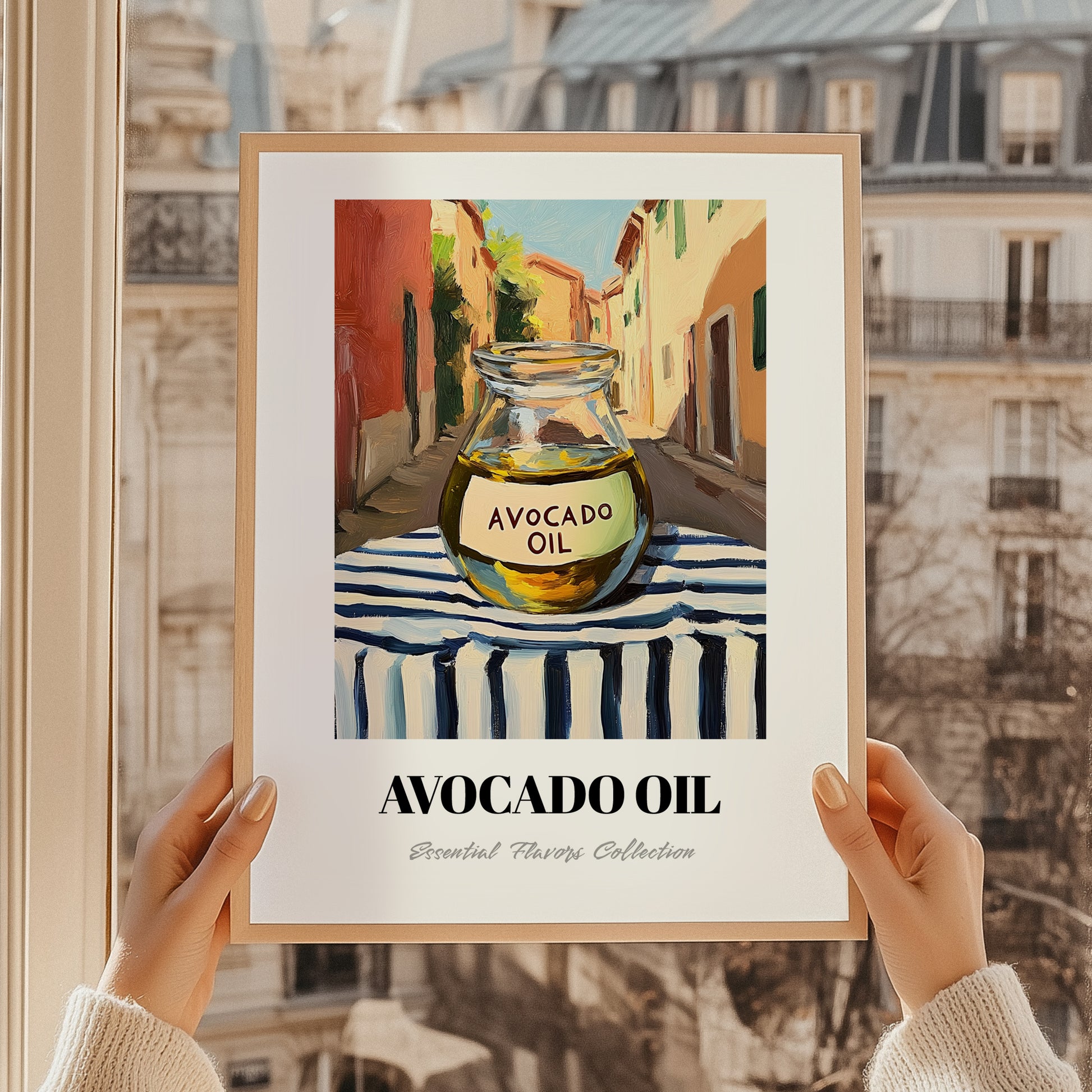 Avocado Oil – Italian Street Café Scene, Dry Goods Wall Art, styled in a charming Paris street view