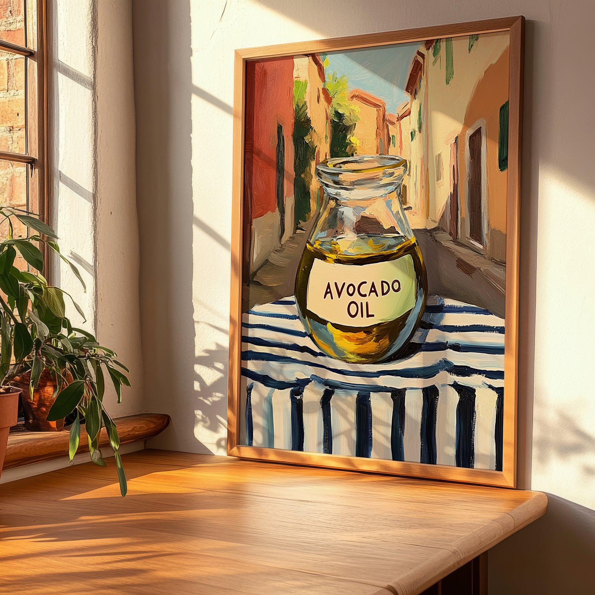 Avocado Oil – Italian Street Café Scene, Dry Goods Wall Art, clean layout with no caption