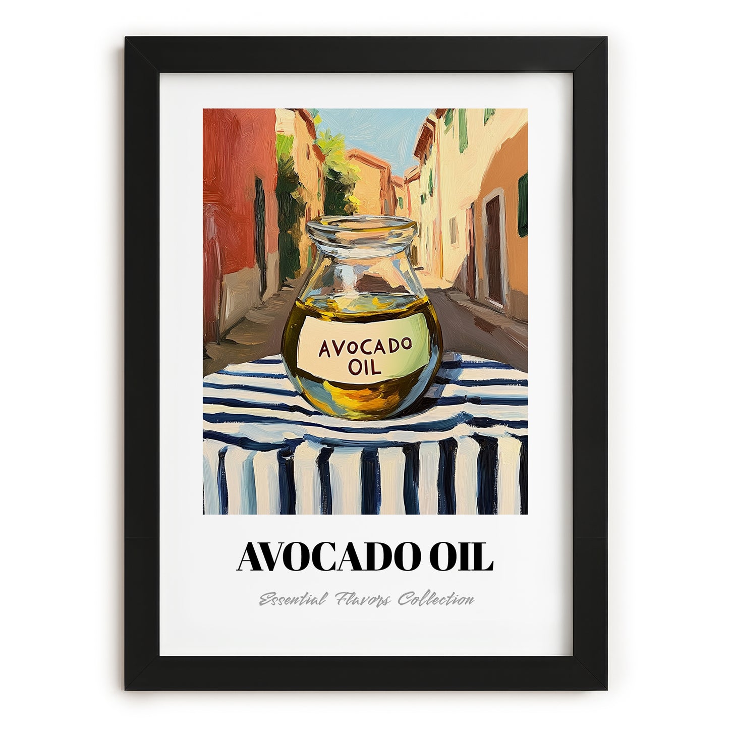 Avocado Oil – Italian Street Café Scene, Dry Goods Wall Art, in sleek black frame