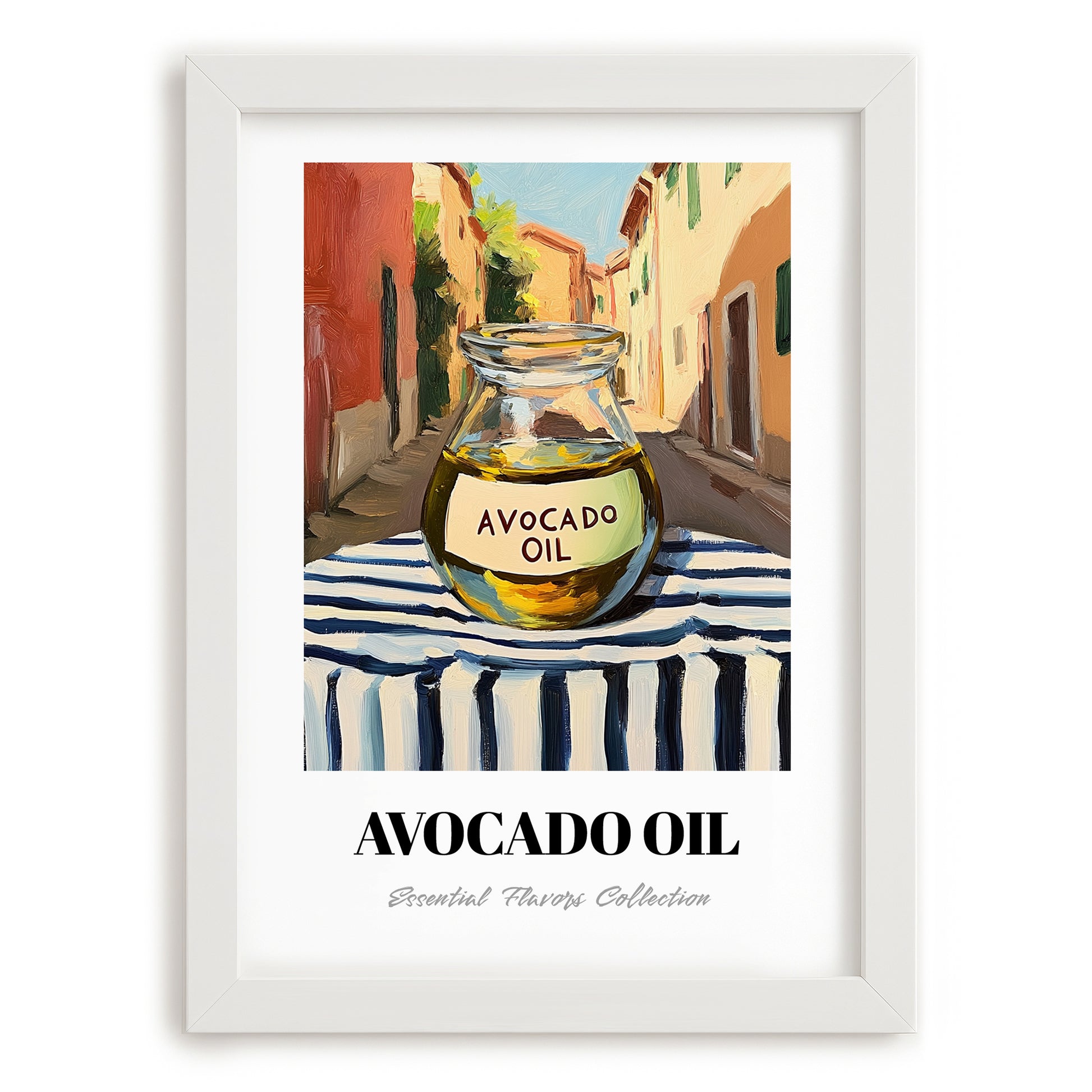 Avocado Oil – Italian Street Café Scene, Dry Goods Wall Art, placed in minimal white frame