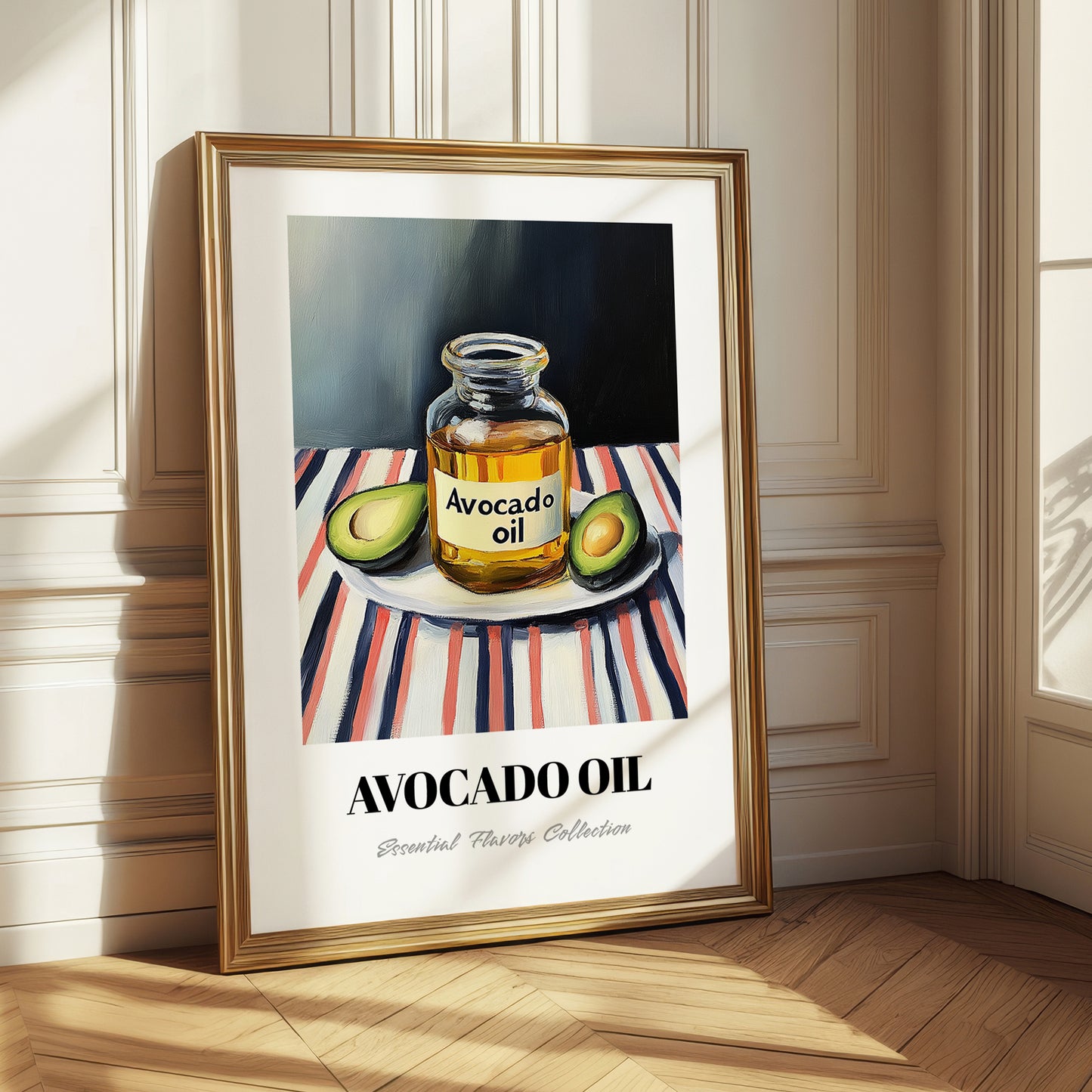 Avocado Oil – on Striped Tablecloth, Pantry Wall Art
