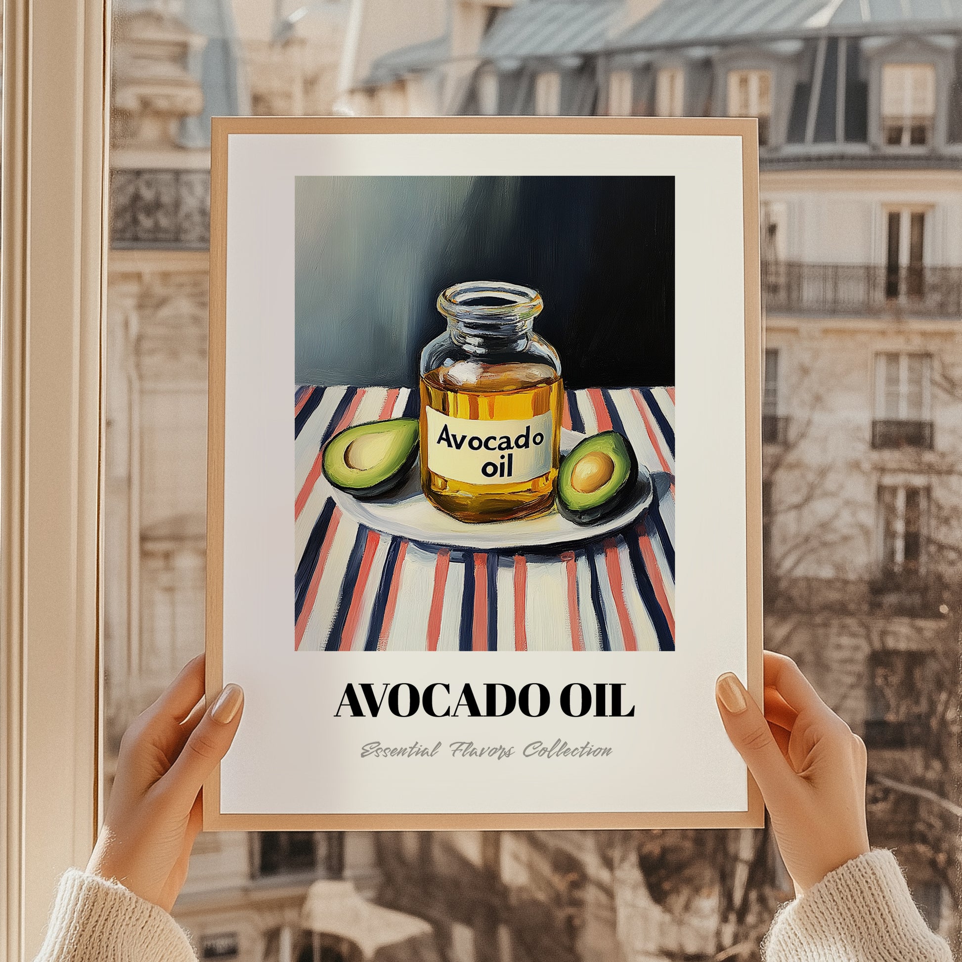 Avocado Oil – on Striped Tablecloth, Pantry Wall Art, styled in a charming Paris street view