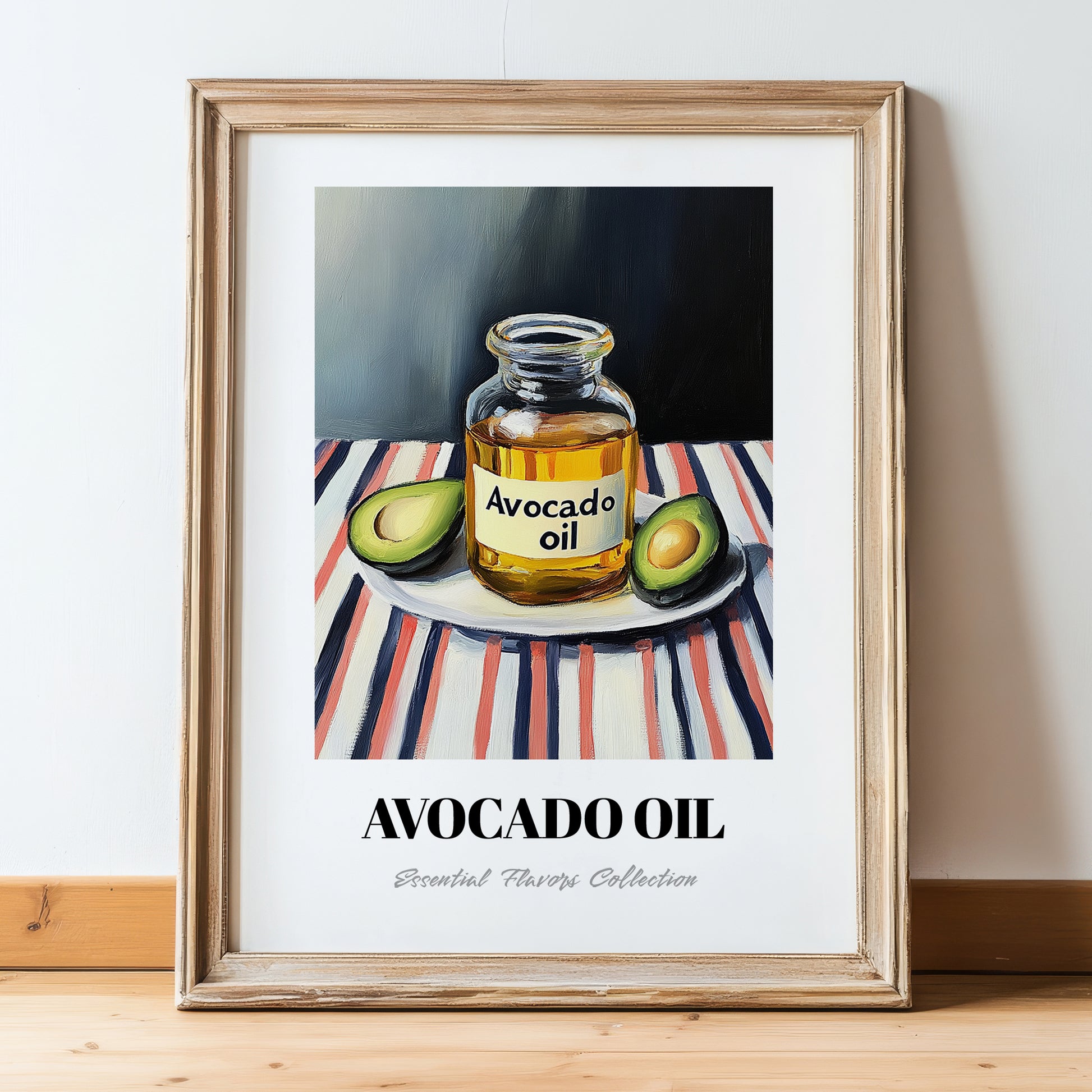 Avocado Oil – on Striped Tablecloth, Pantry Wall Art, in wooden frame leaning on the floor