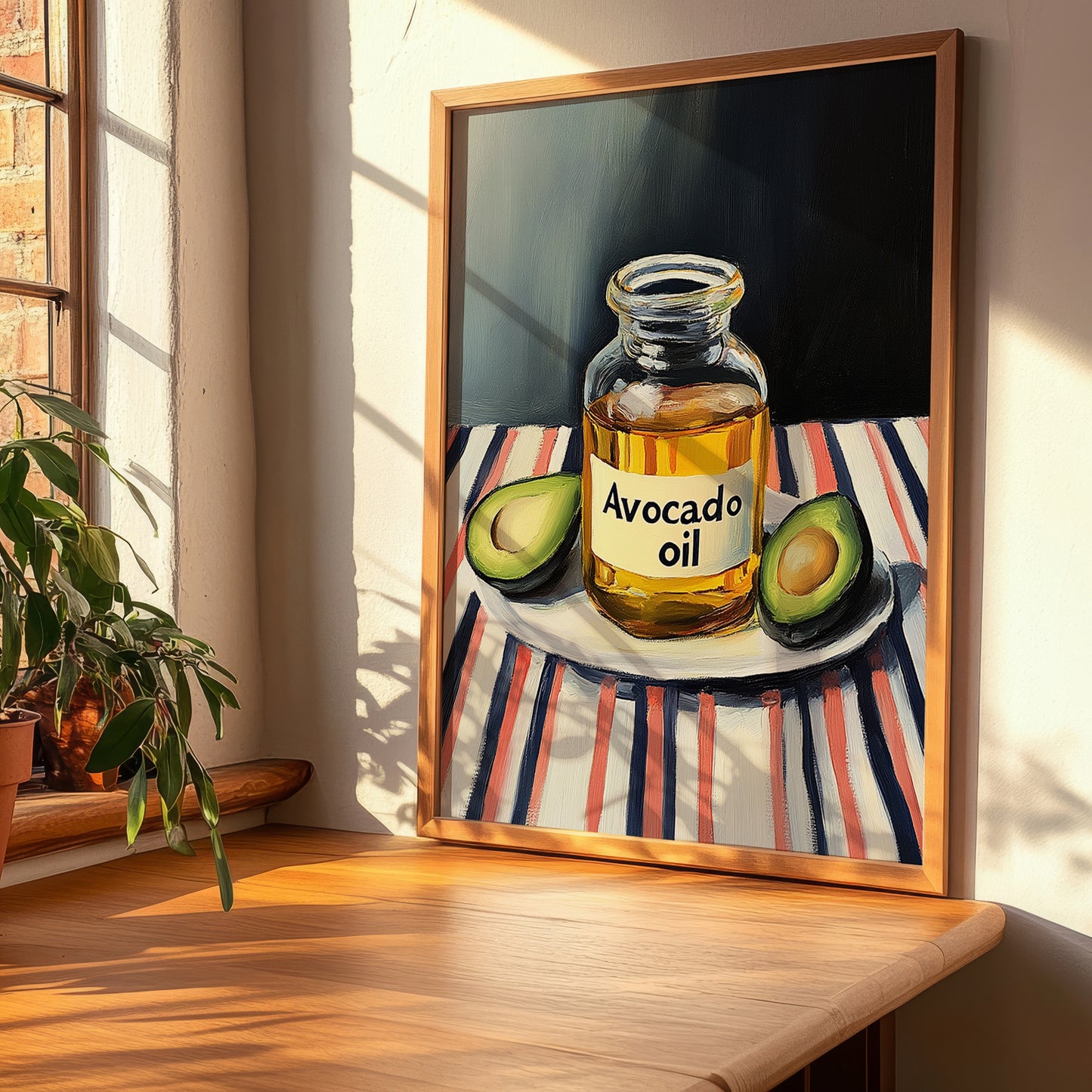 Avocado Oil – on Striped Tablecloth, Pantry Wall Art, clean layout with no caption