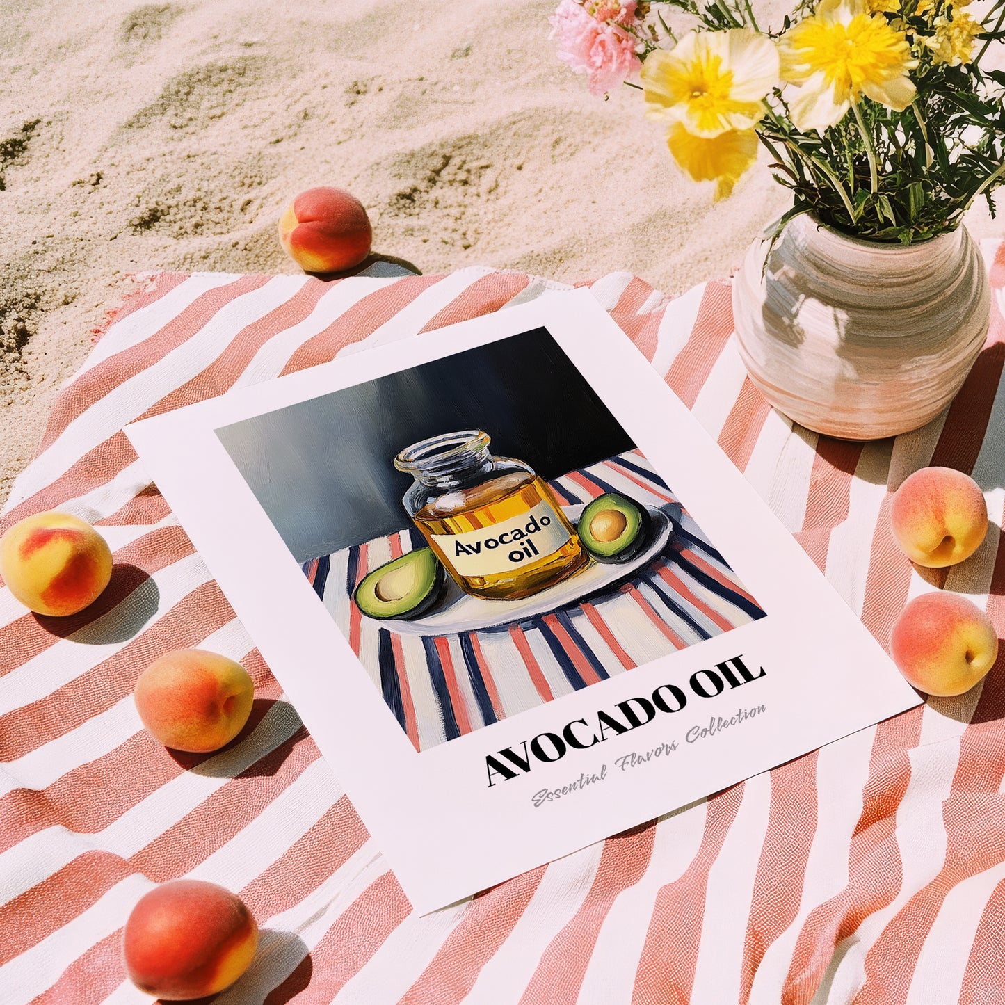 Avocado Oil – on Striped Tablecloth, Pantry Wall Art, unframed on coastal sand