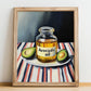 Avocado Oil – on Striped Tablecloth, Pantry Wall Art, no-text version framed in wood