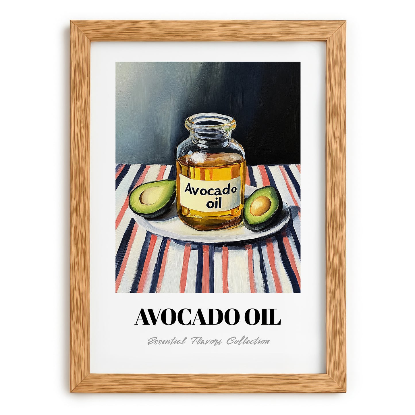 Avocado Oil – on Striped Tablecloth, Pantry Wall Art, set in oak frame