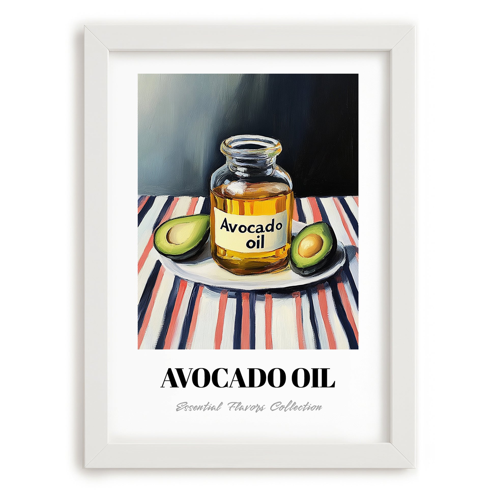 Avocado Oil – on Striped Tablecloth, Pantry Wall Art, placed in minimal white frame