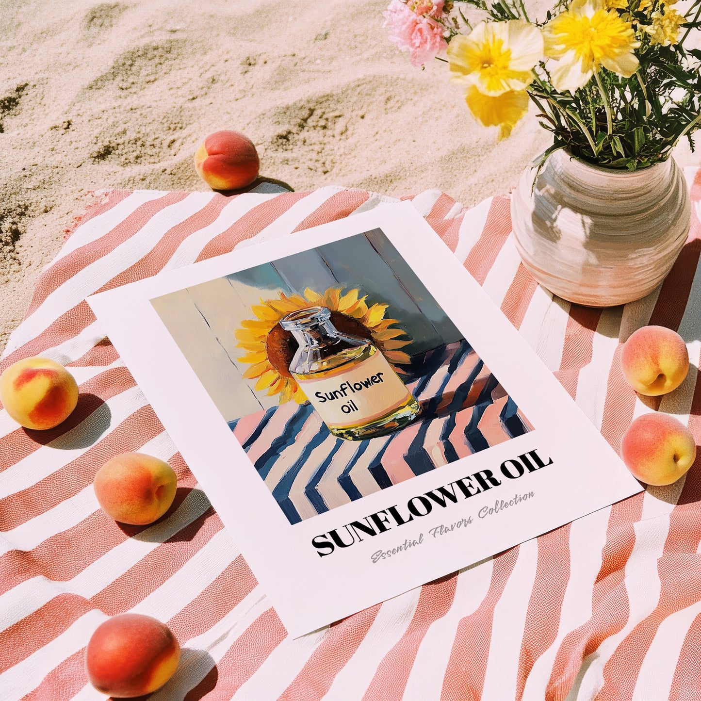 Sunflower Oil – on Striped Tablecloth, Pantry Wall Art, unframed on coastal sand