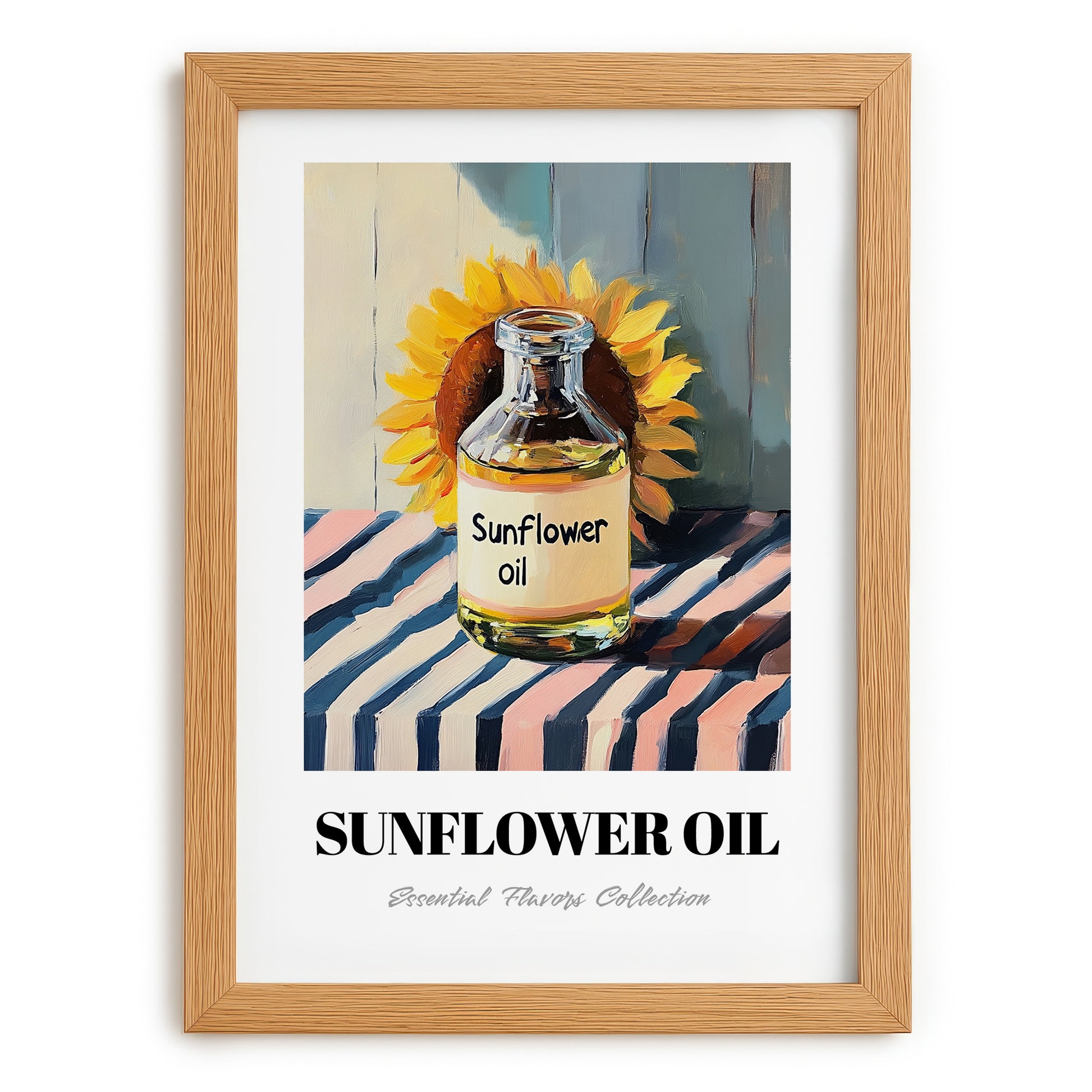 Sunflower Oil – on Striped Tablecloth, Pantry Wall Art, set in oak frame