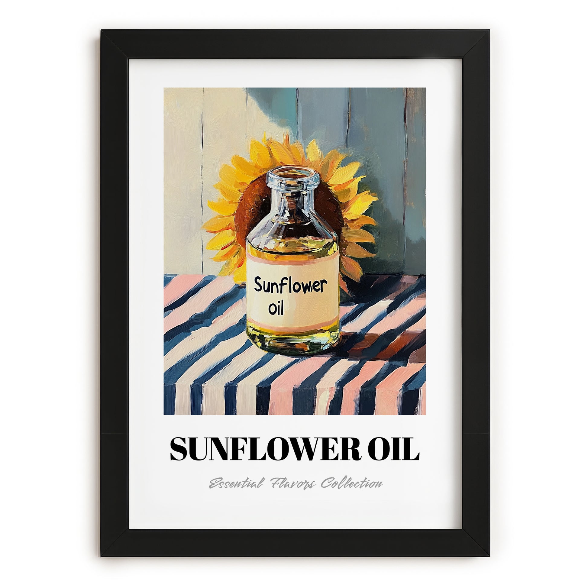 Sunflower Oil – on Striped Tablecloth, Pantry Wall Art, in sleek black frame