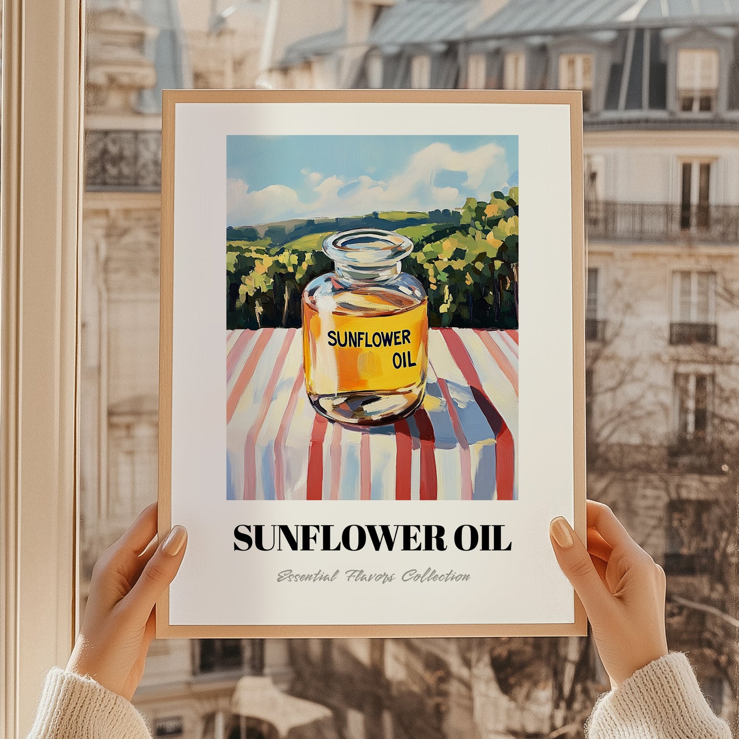 Sunflower Oil – Italian Hillside Café View, Ingredients Corner Painting, styled in a charming Paris street view