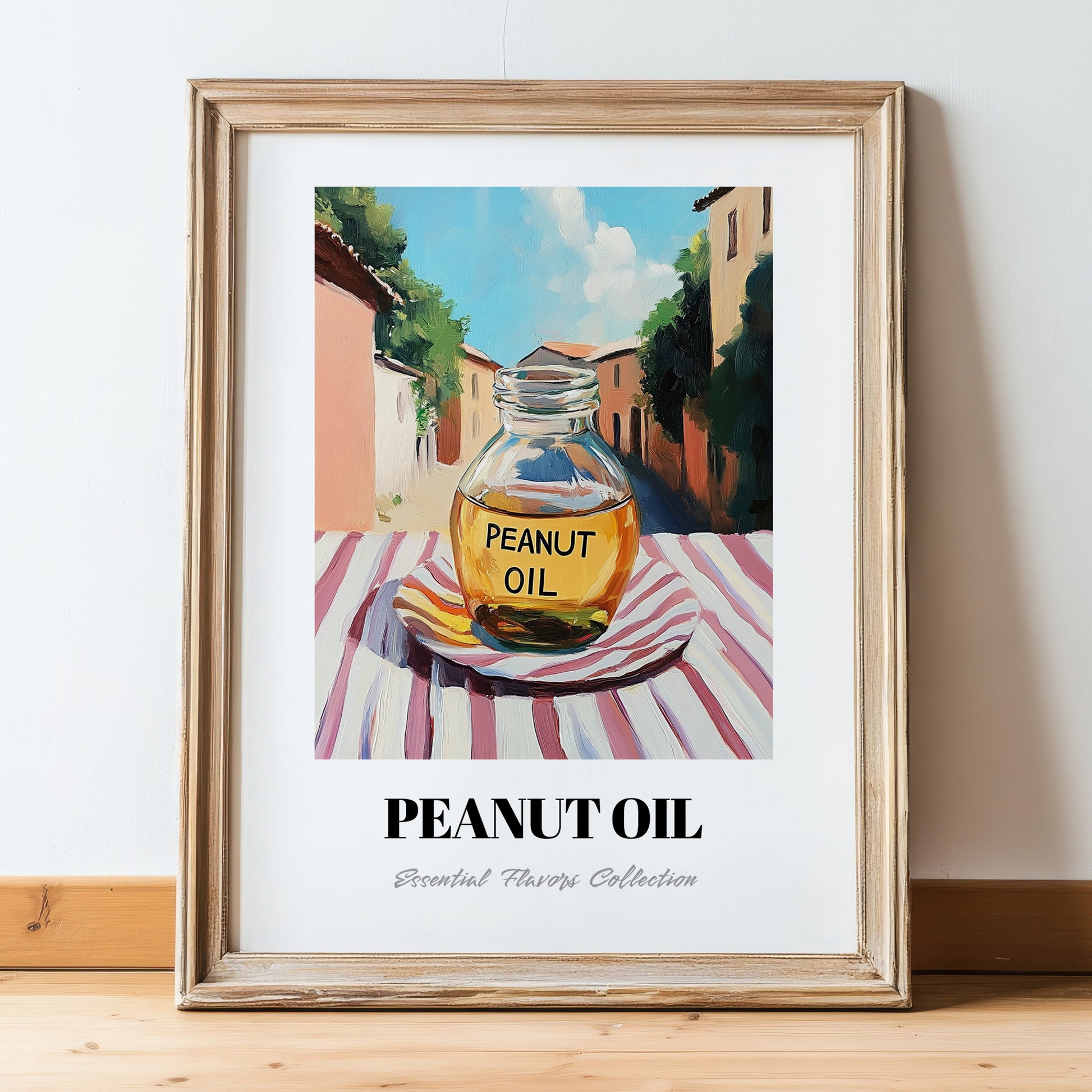Peanut Oil – Italian Street Café Scene, Pantry Wall Art, in wooden frame leaning on the floor