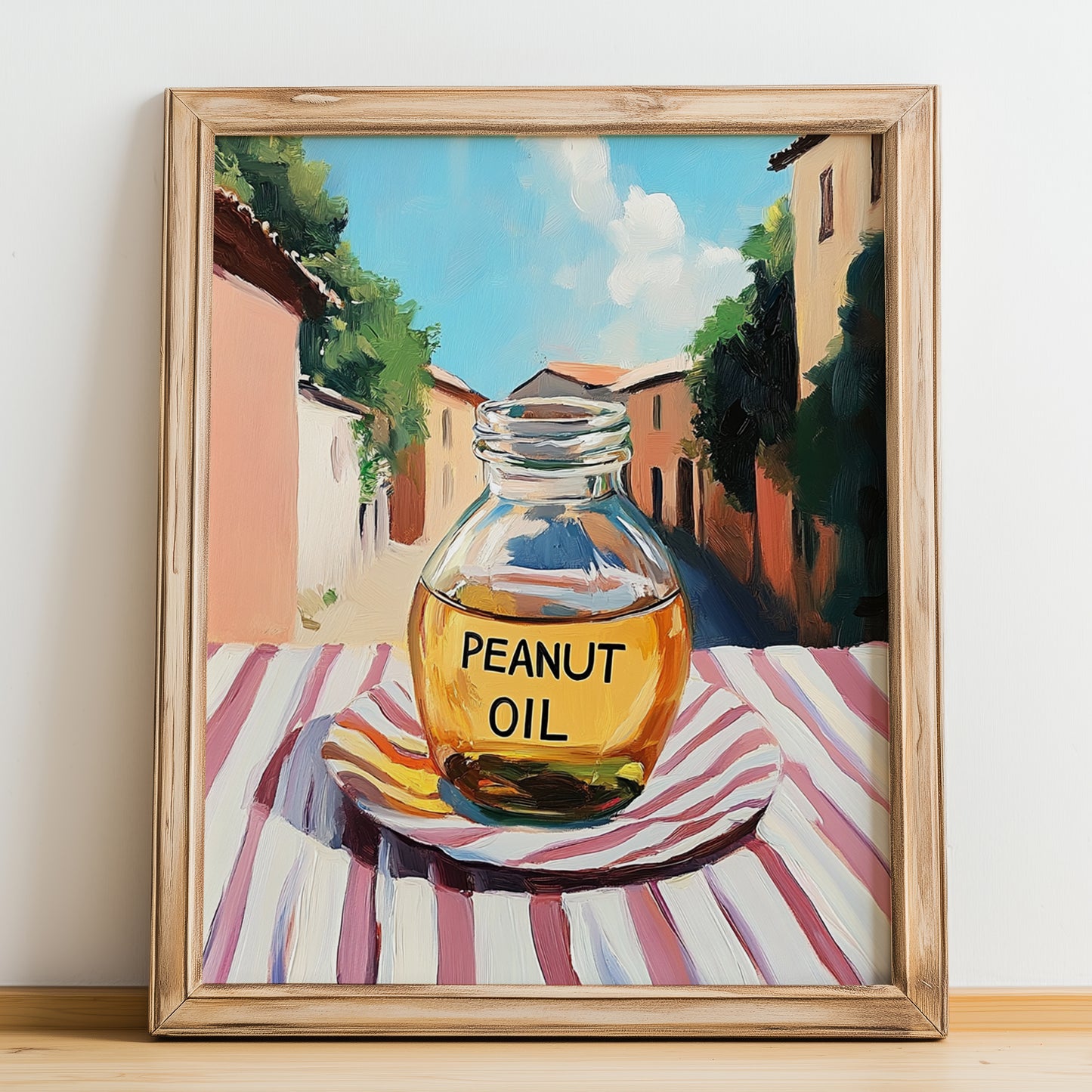 Peanut Oil – Italian Street Café Scene, Pantry Wall Art, no-text version framed in wood