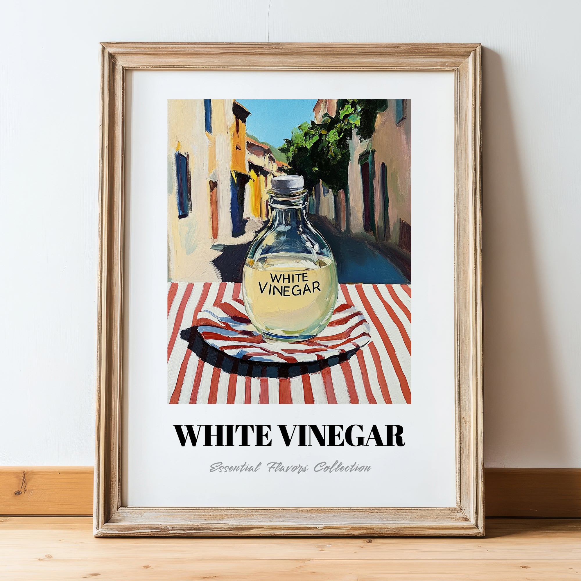 White Vinegar – Italian Urban Café Scene, Shelf Stock Poster, in wooden frame leaning on the floor
