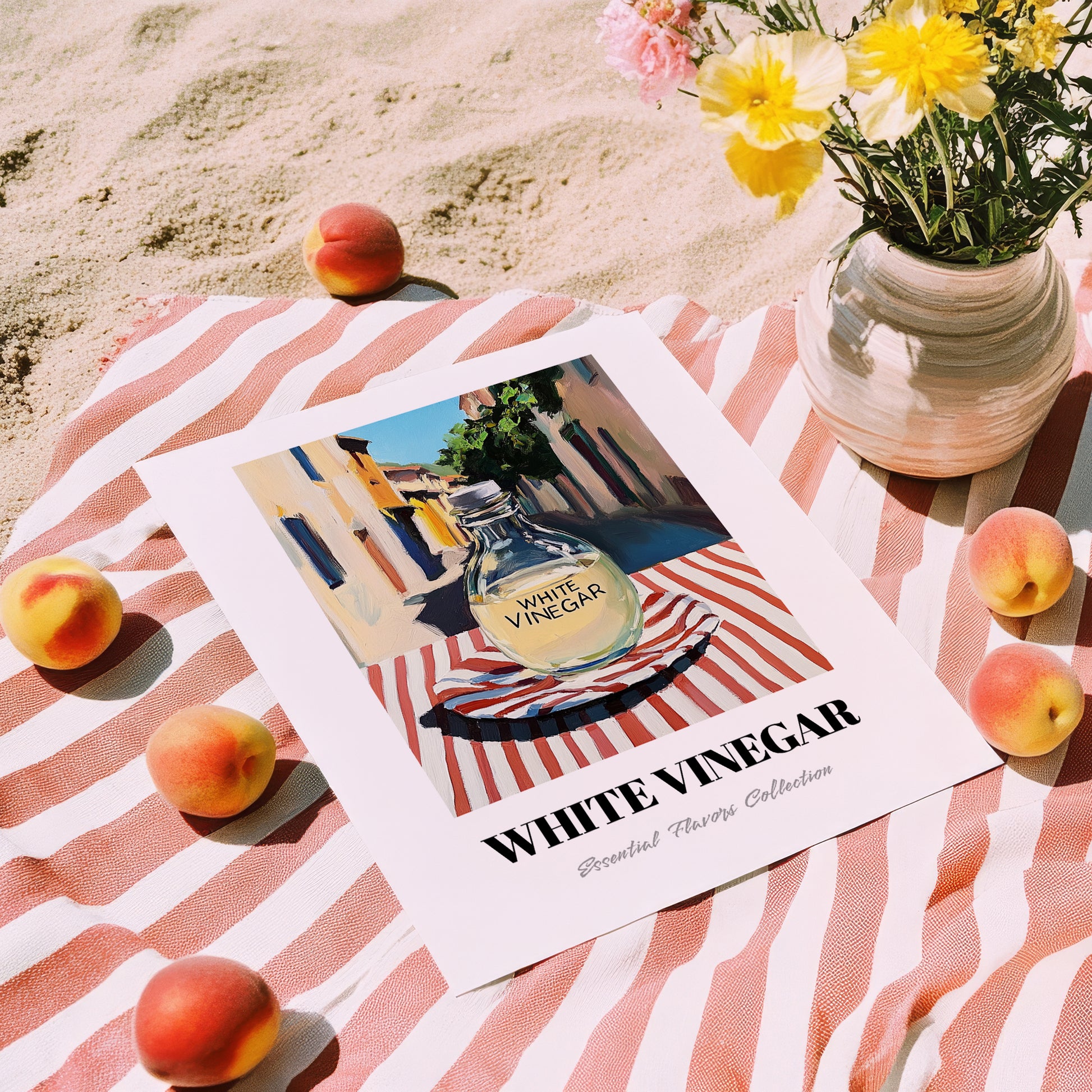 White Vinegar – Italian Urban Café Scene, Shelf Stock Poster, unframed on coastal sand