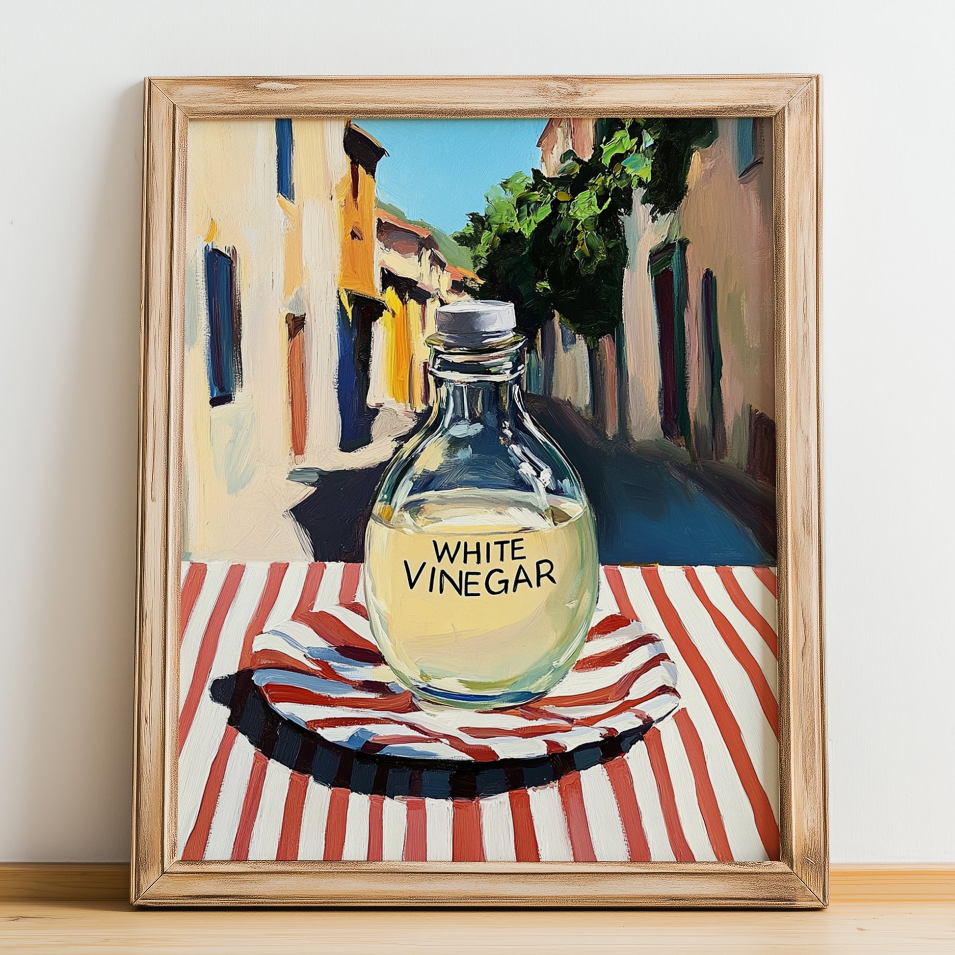 White Vinegar – Italian Urban Café Scene, Shelf Stock Poster, no-text version framed in wood