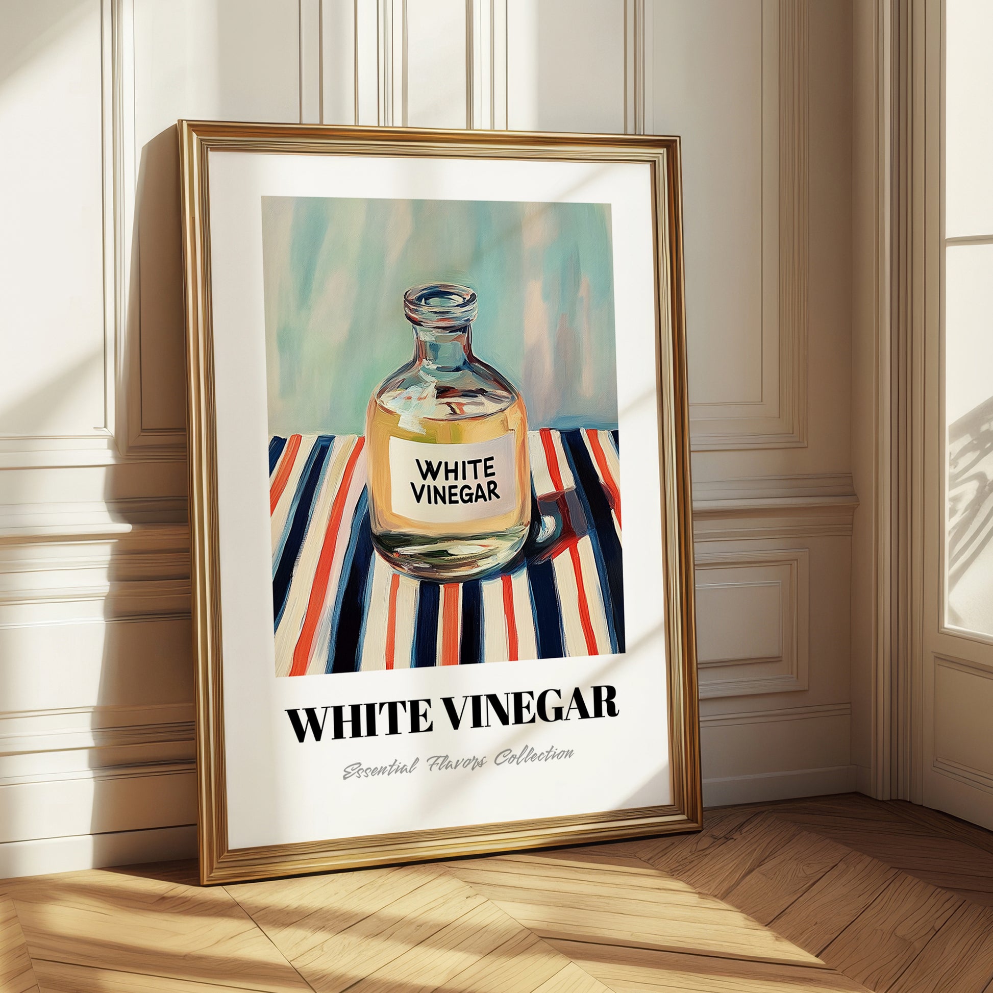 White Vinegar – on Striped Tablecloth, Larder Wall Decor