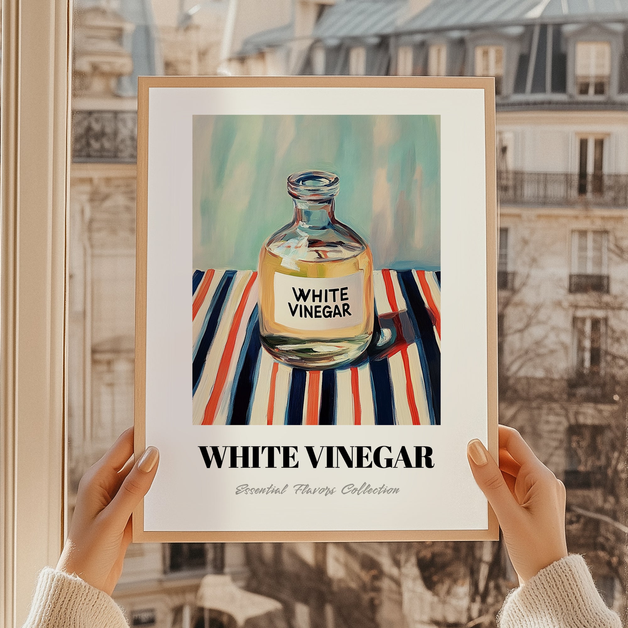 White Vinegar – on Striped Tablecloth, Larder Wall Decor, styled in a charming Paris street view