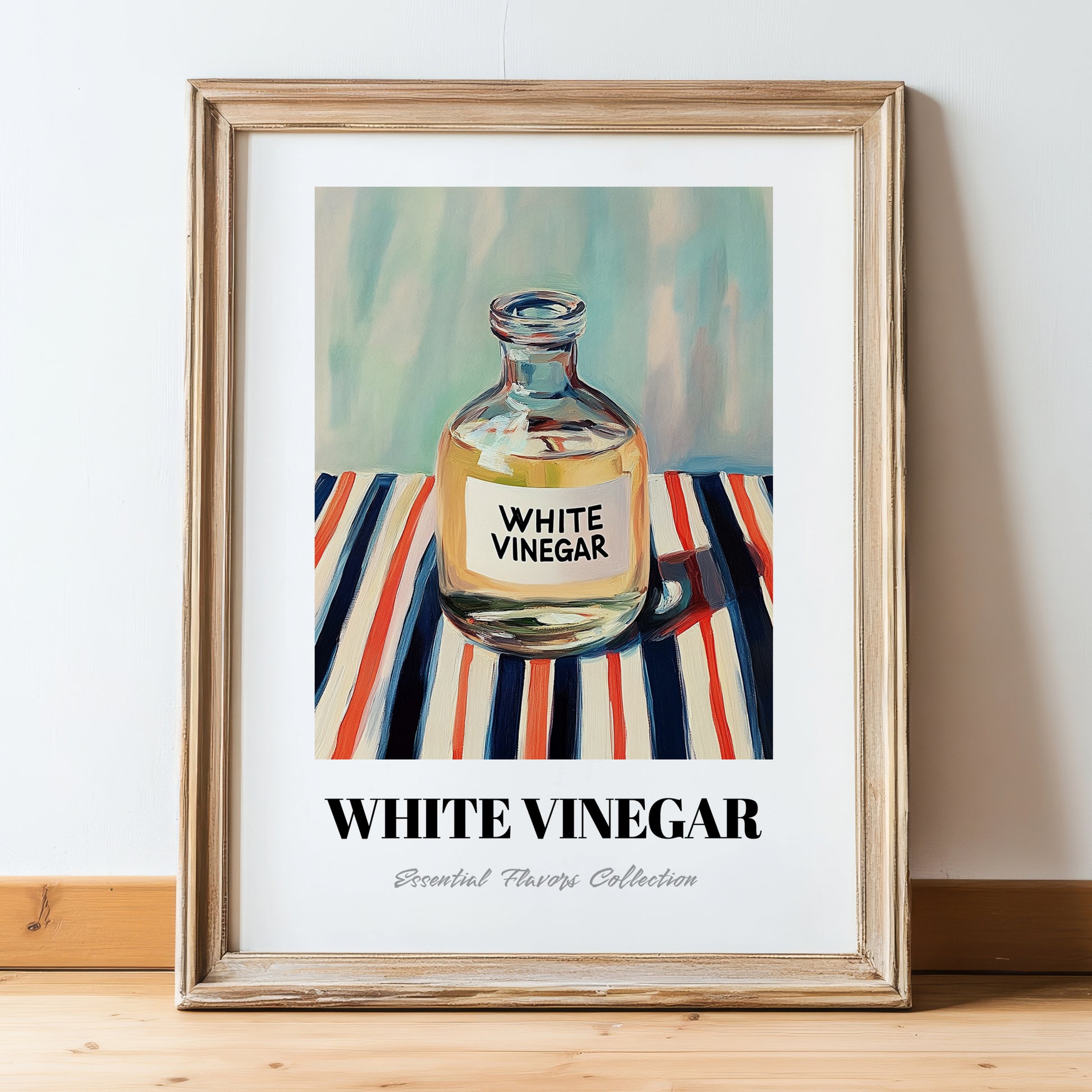 White Vinegar – on Striped Tablecloth, Larder Wall Decor, in wooden frame leaning on the floor