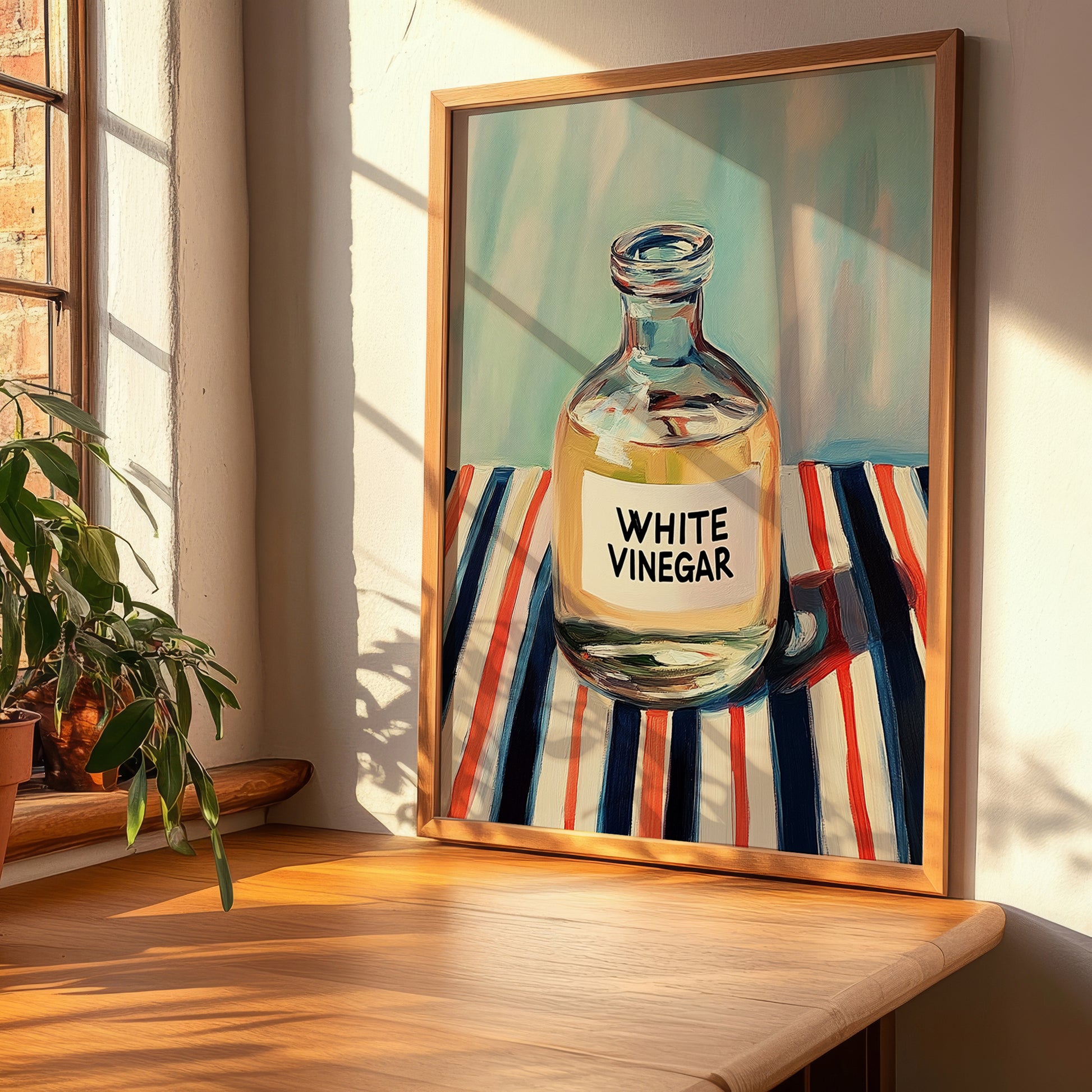 White Vinegar – on Striped Tablecloth, Larder Wall Decor, clean layout with no caption