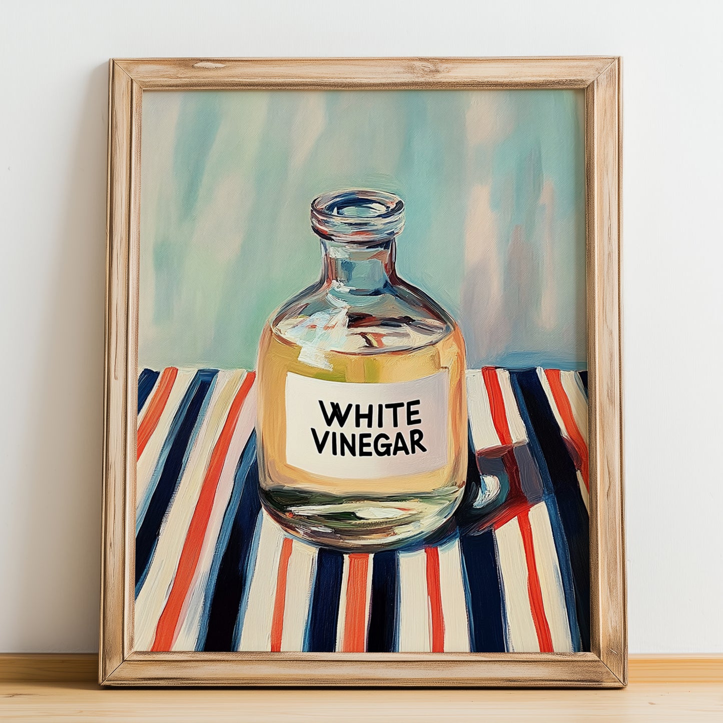 White Vinegar – on Striped Tablecloth, Larder Wall Decor, no-text version framed in wood