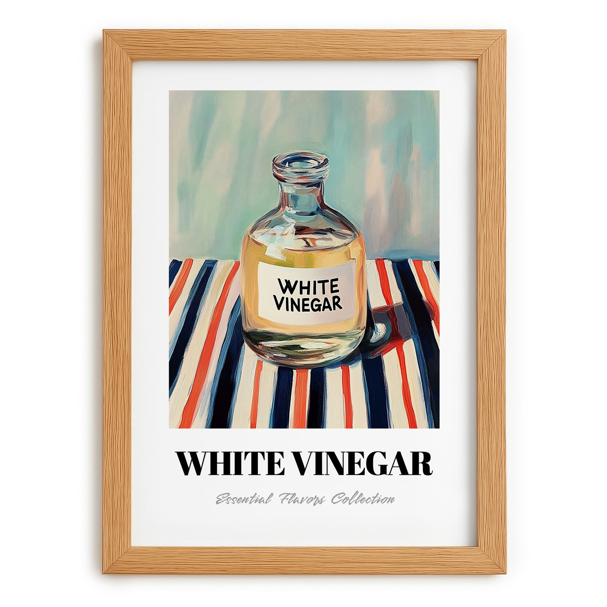 White Vinegar – on Striped Tablecloth, Larder Wall Decor, set in oak frame