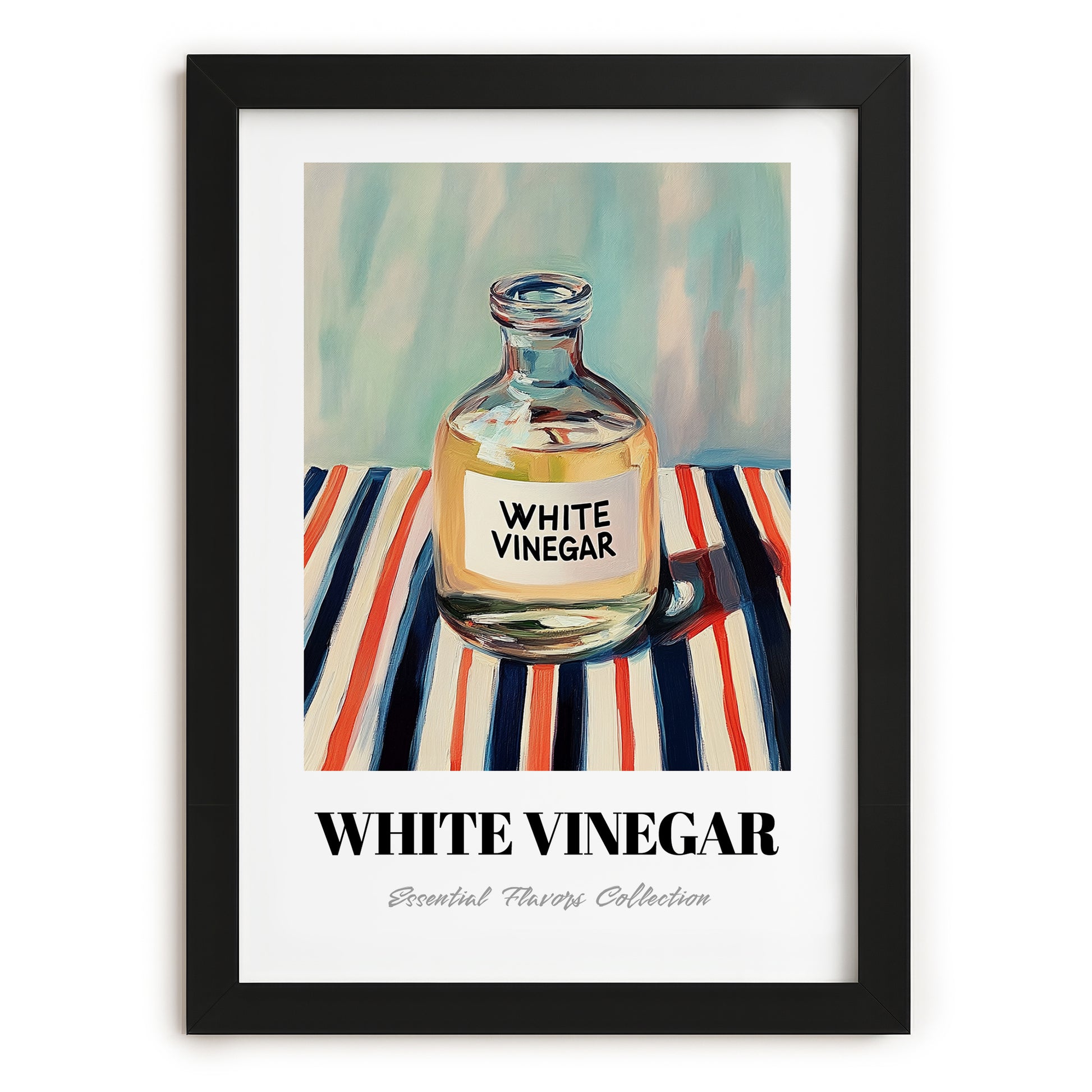 White Vinegar – on Striped Tablecloth, Larder Wall Decor, in sleek black frame