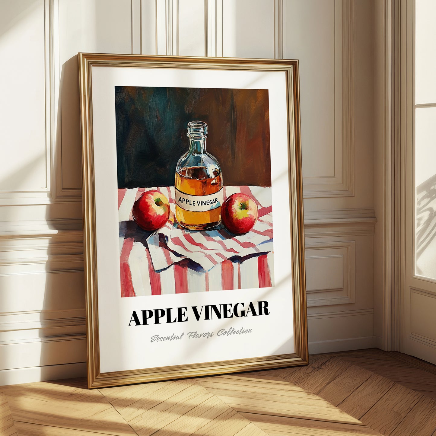 Apple Vinegar – on Striped Tablecloth, Shelf Stock Print