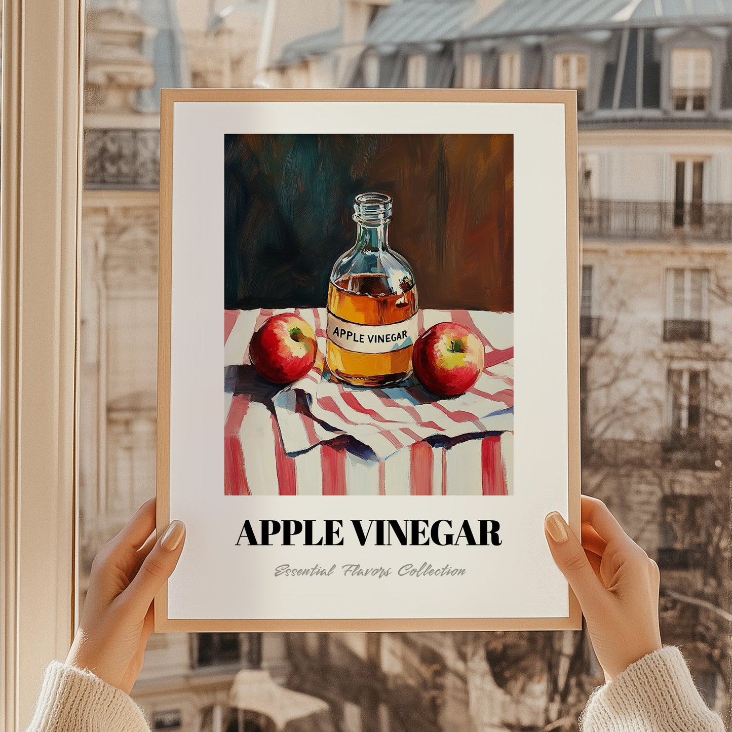 Apple Vinegar – on Striped Tablecloth, Shelf Stock Print, styled in a charming Paris street view