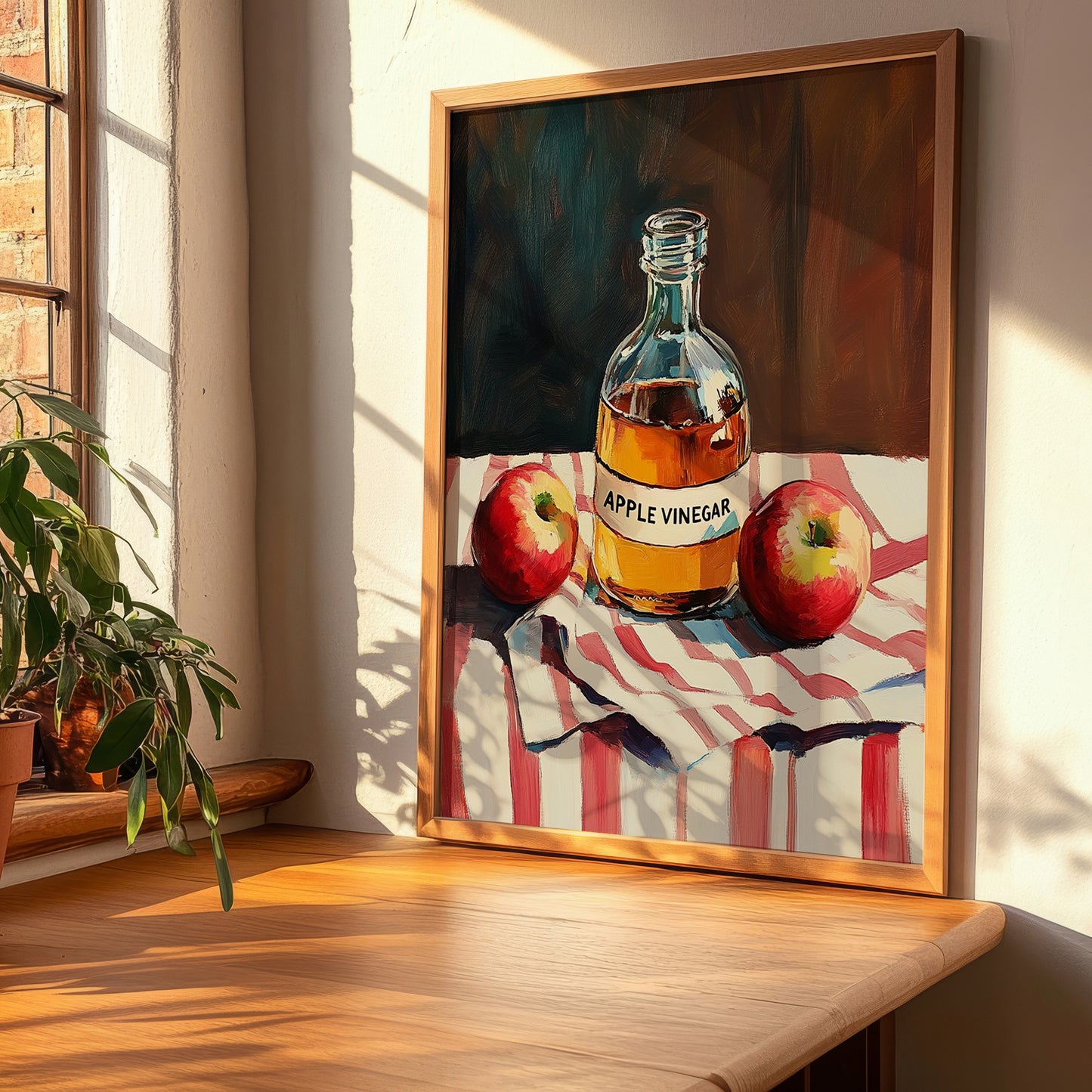 Apple Vinegar – on Striped Tablecloth, Shelf Stock Print, clean layout with no caption